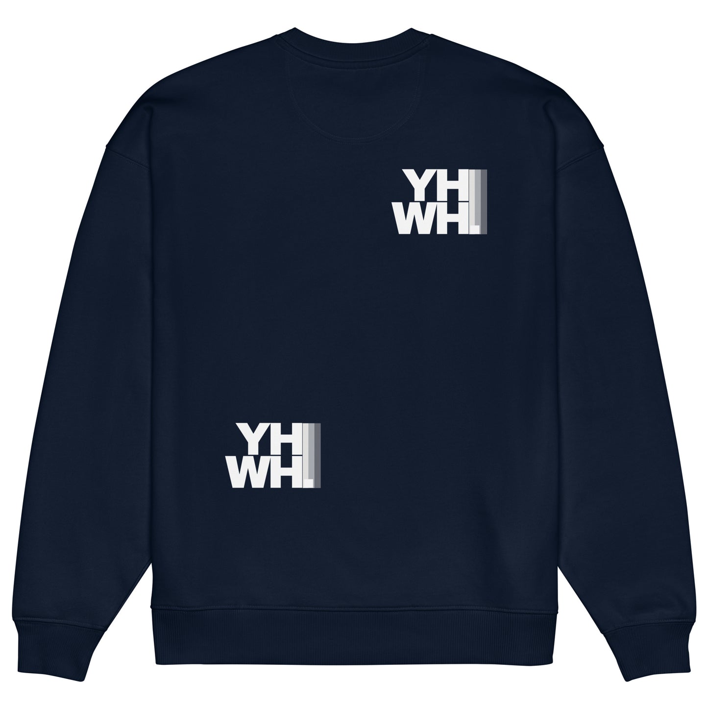 YHWH Collection Unisex Oversized Crewneck Sweatshirt in navy, featuring a minimalist design that reflects faith and style. Perfect for casual wear, this piece supports a veteran-owned small business.