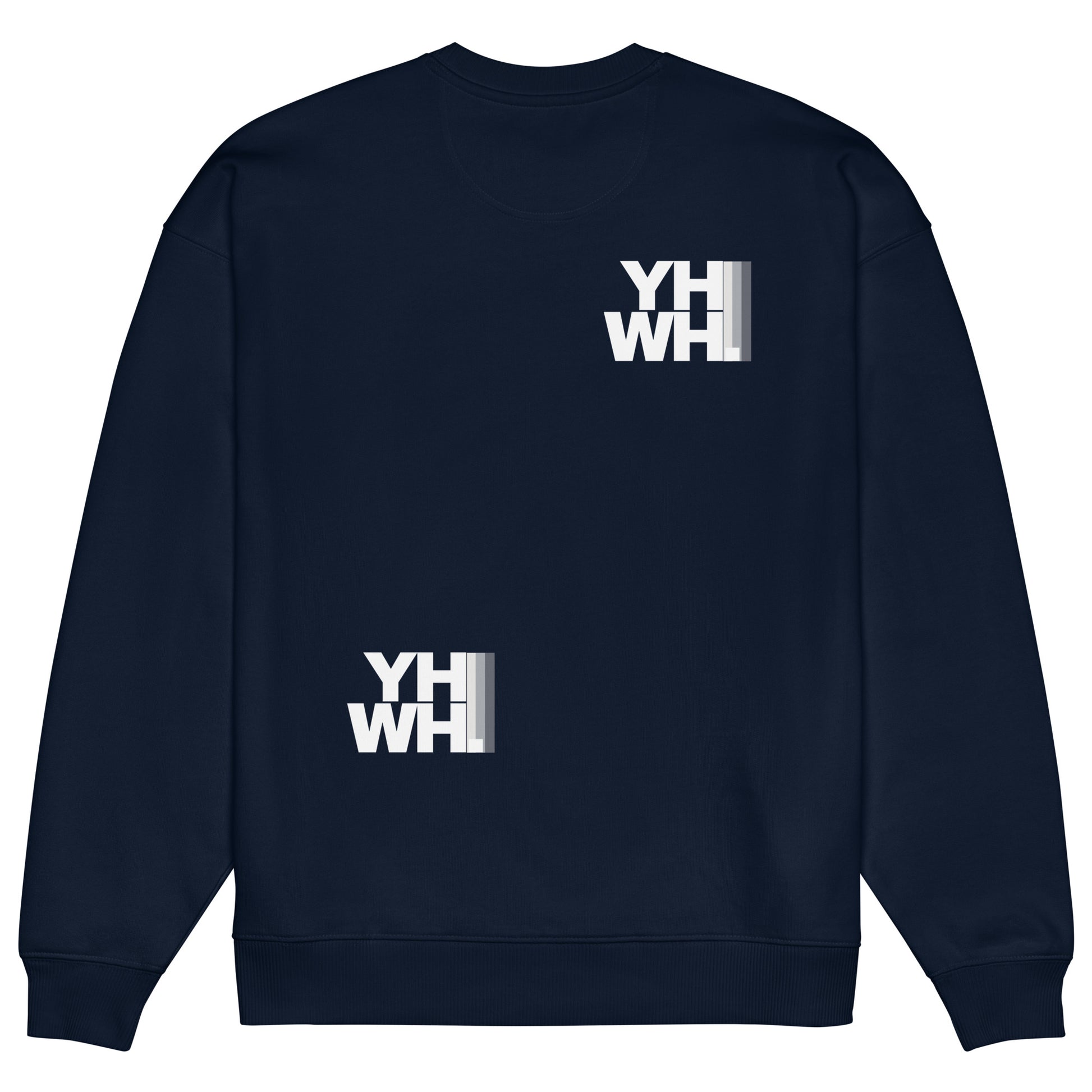 YHWH Collection Unisex Oversized Crewneck Sweatshirt in navy, featuring a minimalist design that reflects faith and style. Perfect for casual wear, this piece supports a veteran-owned small business.