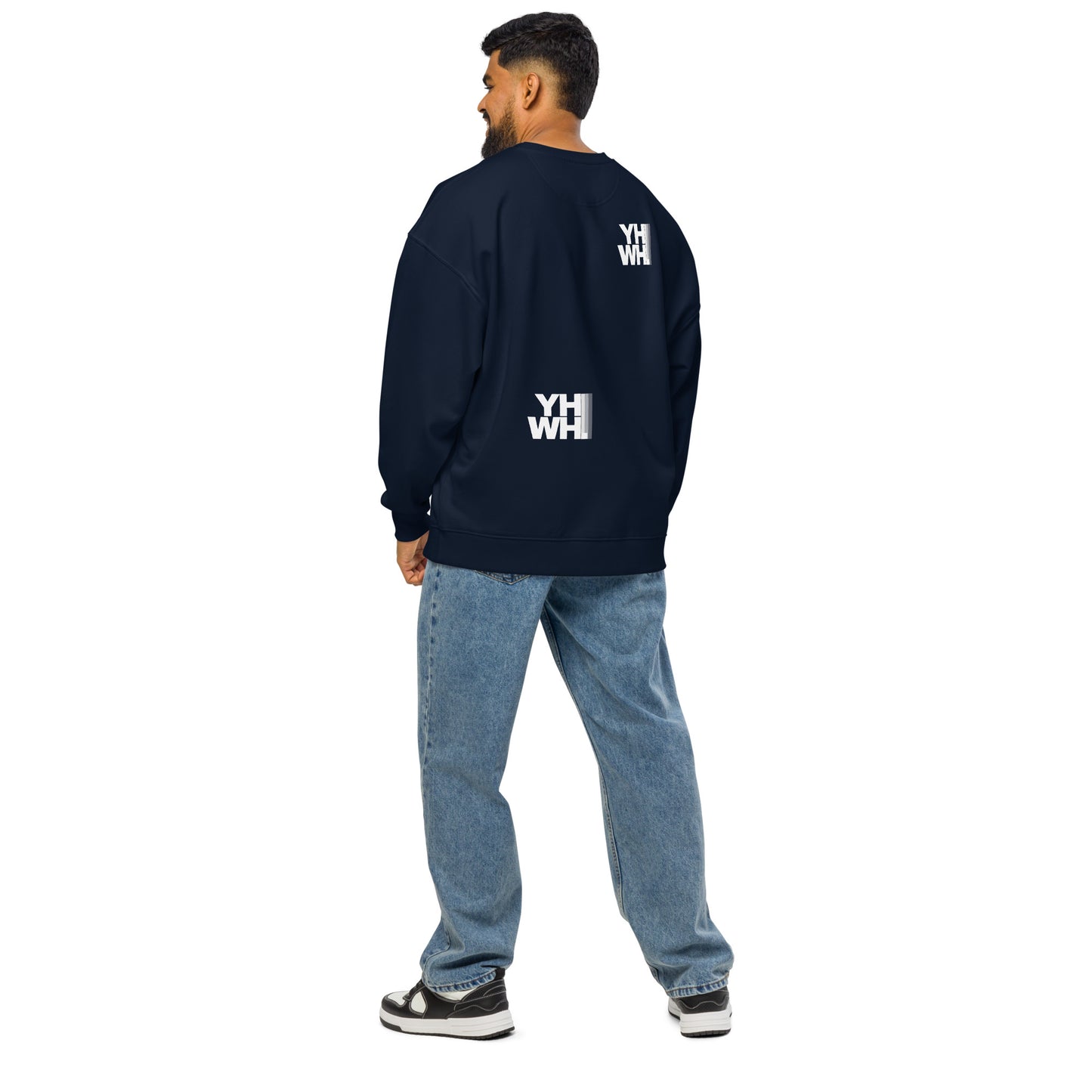 YHWH Collection Unisex Oversized Crewneck Sweatshirt in navy, showcasing bold minimalist design at the back, perfect for expressing faith and style. Support a veteran-owned small business.