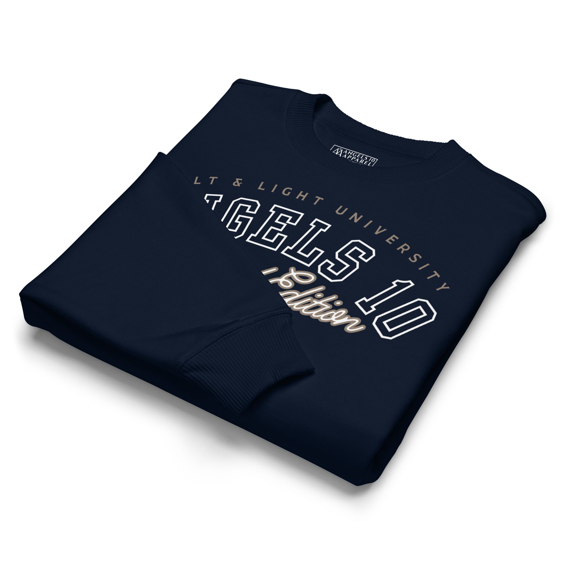 Folded Salt & Light Oversized Unisex Organic Sweatshirt in navy, perfect for representing your faith in a stylish way while connecting with others in your college community about discipleship. Christian, faith, discipleship, salt & light of the world, college.