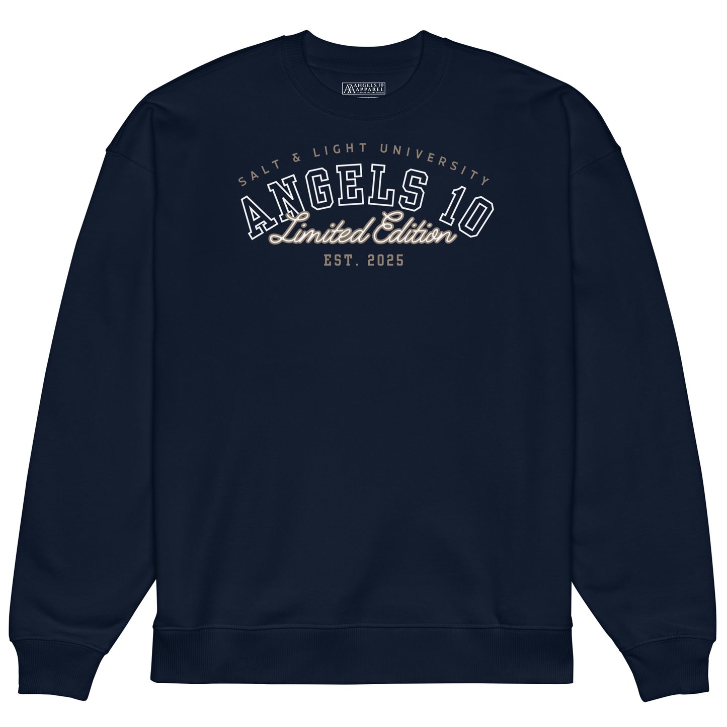 Front view of the Salt & Light Oversized Unisex Organic Sweatshirt in navy, designed to inspire faith and community at college while embodying the spirit of discipleship. Christian, faith, discipleship, salt & light of the world, college.