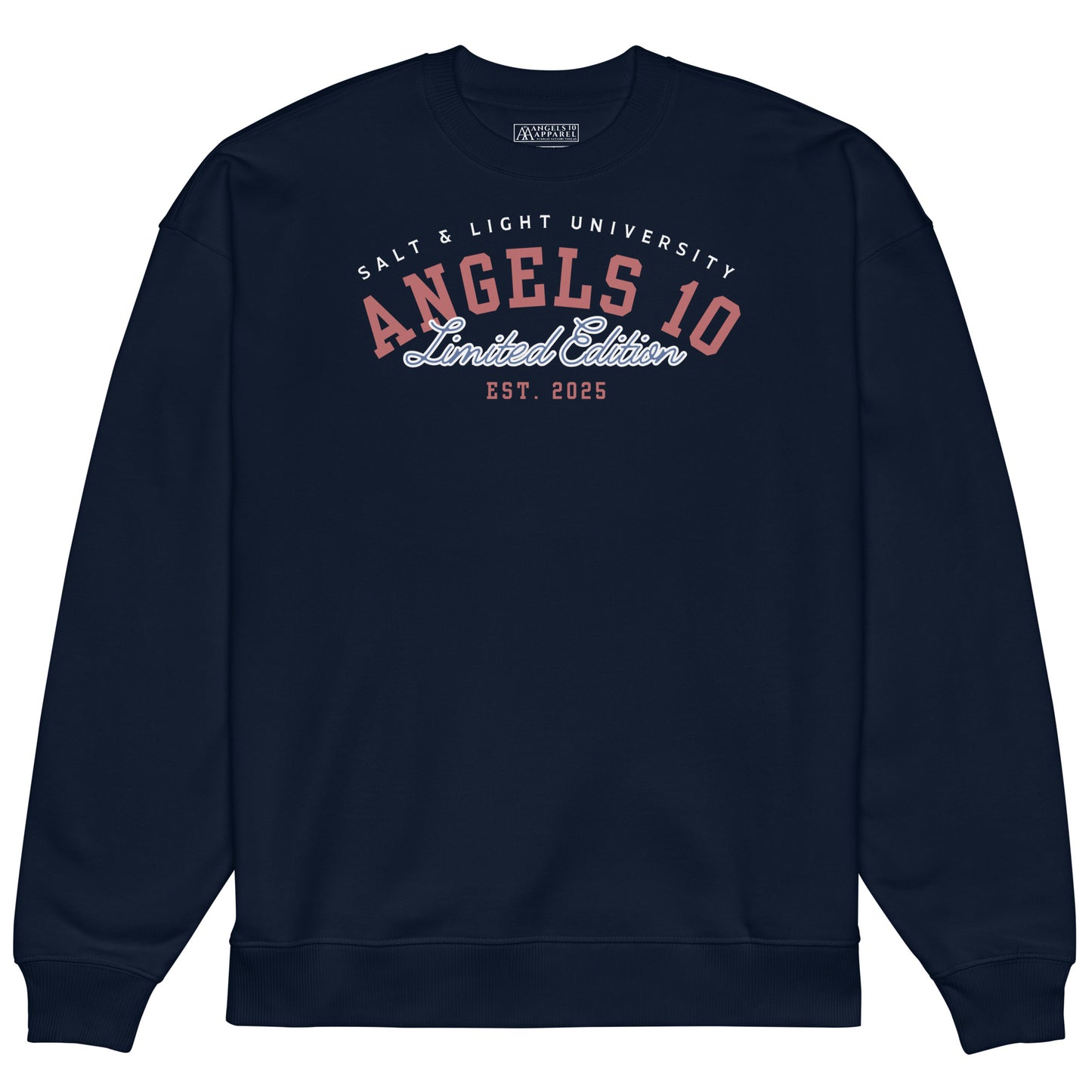 Front view of the Salt & Light Unisex Organic Oversized Sweatshirt showcasing the 'Angels 10 Limited Edition' design. This premium quality sweatshirt resonates with Christian values and is perfect for those embracing faith and discipleship, making it ideal for college wear as it embodies the salt & light of the world.