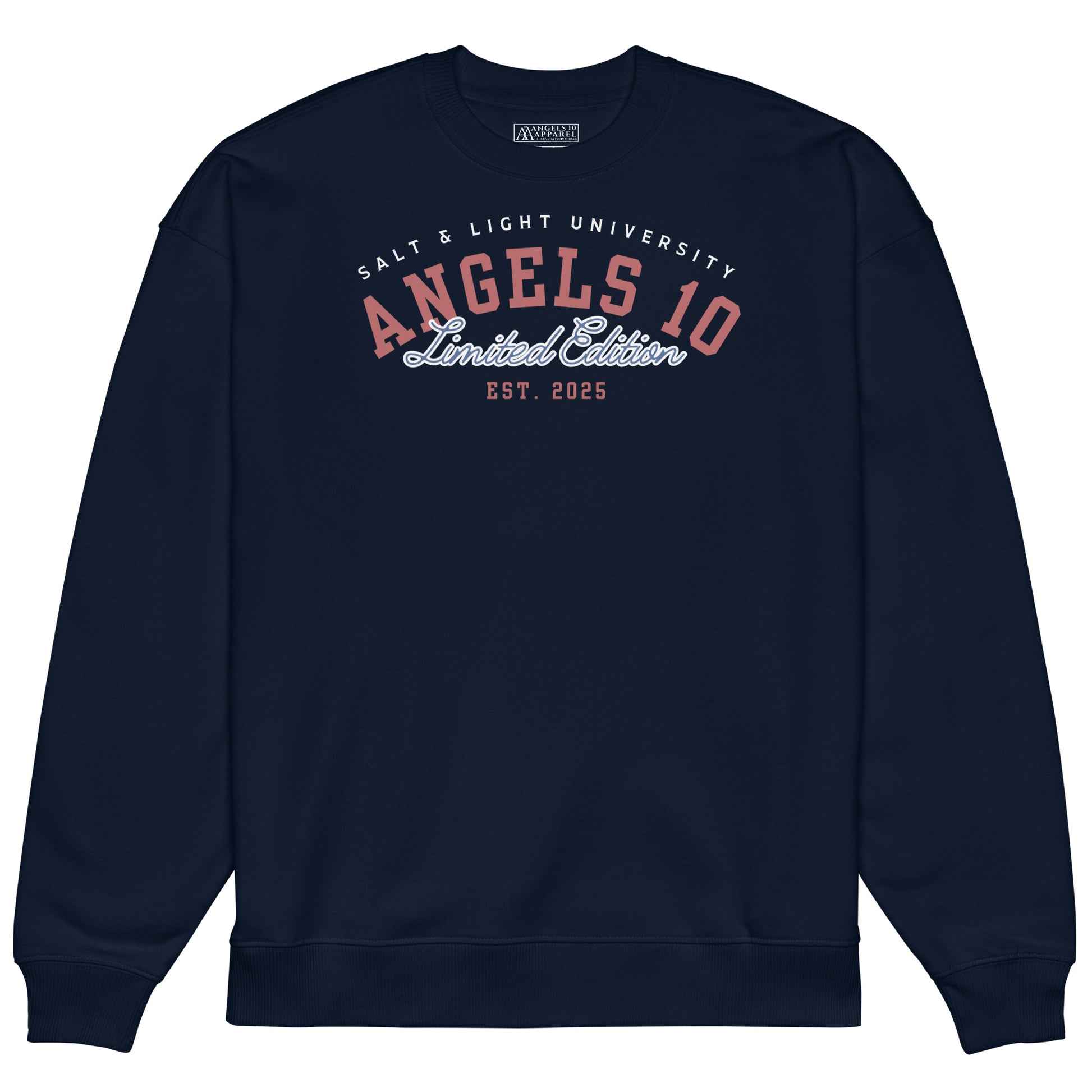 Front view of the Salt & Light Unisex Organic Oversized Sweatshirt showcasing the 'Angels 10 Limited Edition' design. This premium quality sweatshirt resonates with Christian values and is perfect for those embracing faith and discipleship, making it ideal for college wear as it embodies the salt & light of the world.