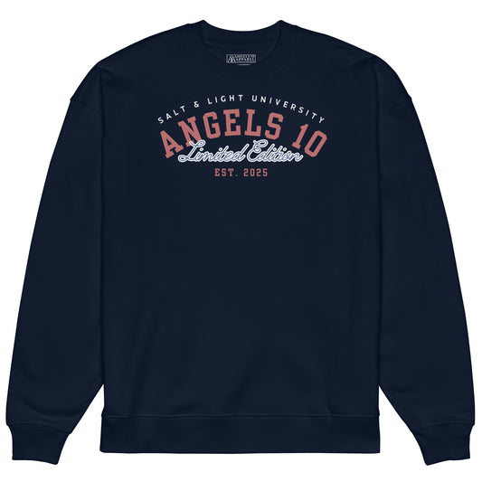 Front view of the Salt & Light Unisex Organic Oversized Sweatshirt showcasing the 'Angels 10 Limited Edition' design. This premium quality sweatshirt resonates with Christian values and is perfect for those embracing faith and discipleship, making it ideal for college wear as it embodies the salt & light of the world.