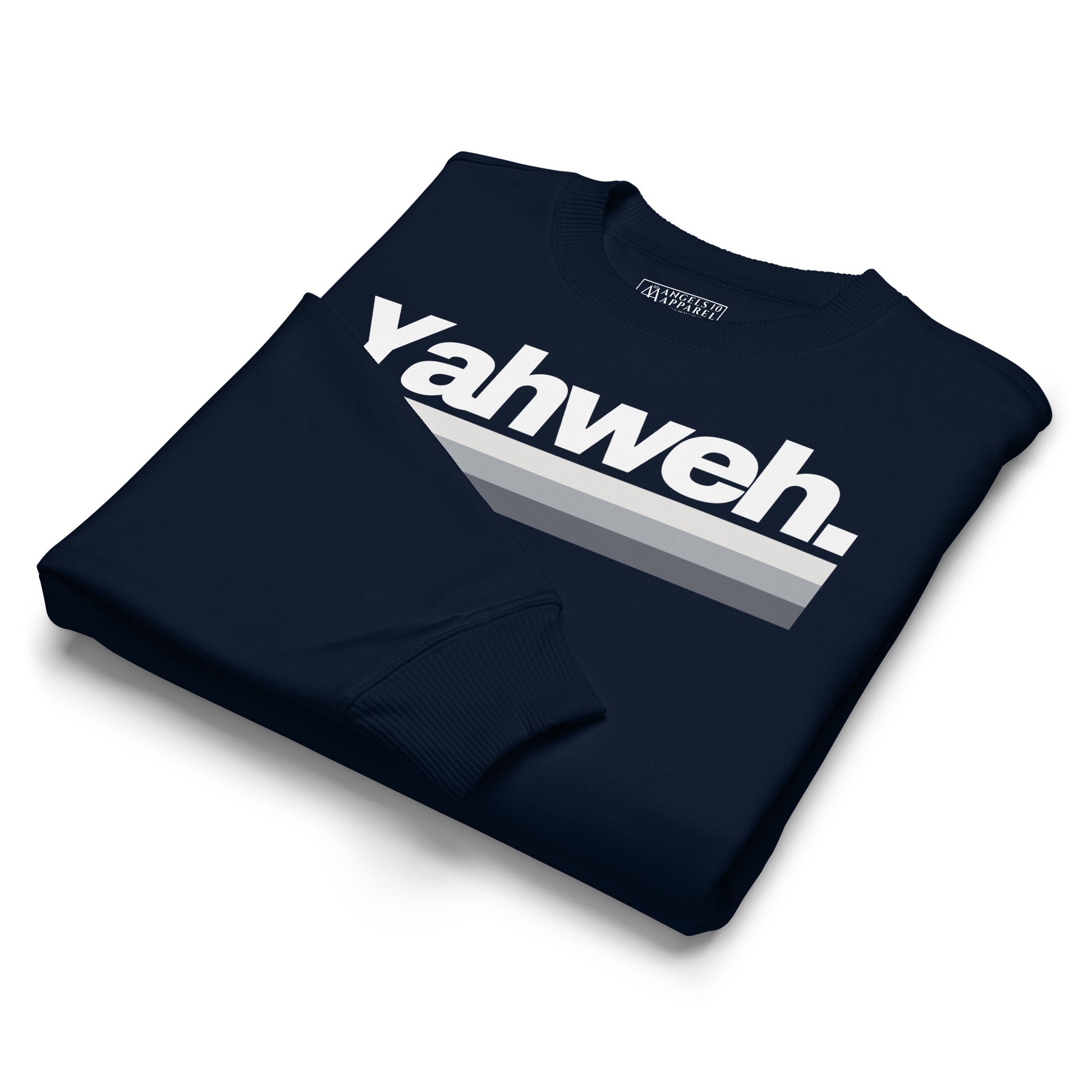 Folded navy YHWH Collection Unisex Oversized Crewneck Sweatshirt highlighting 'Yahweh.' A great option for casual style that reflects your faith. Support a small, veteran-owned business!