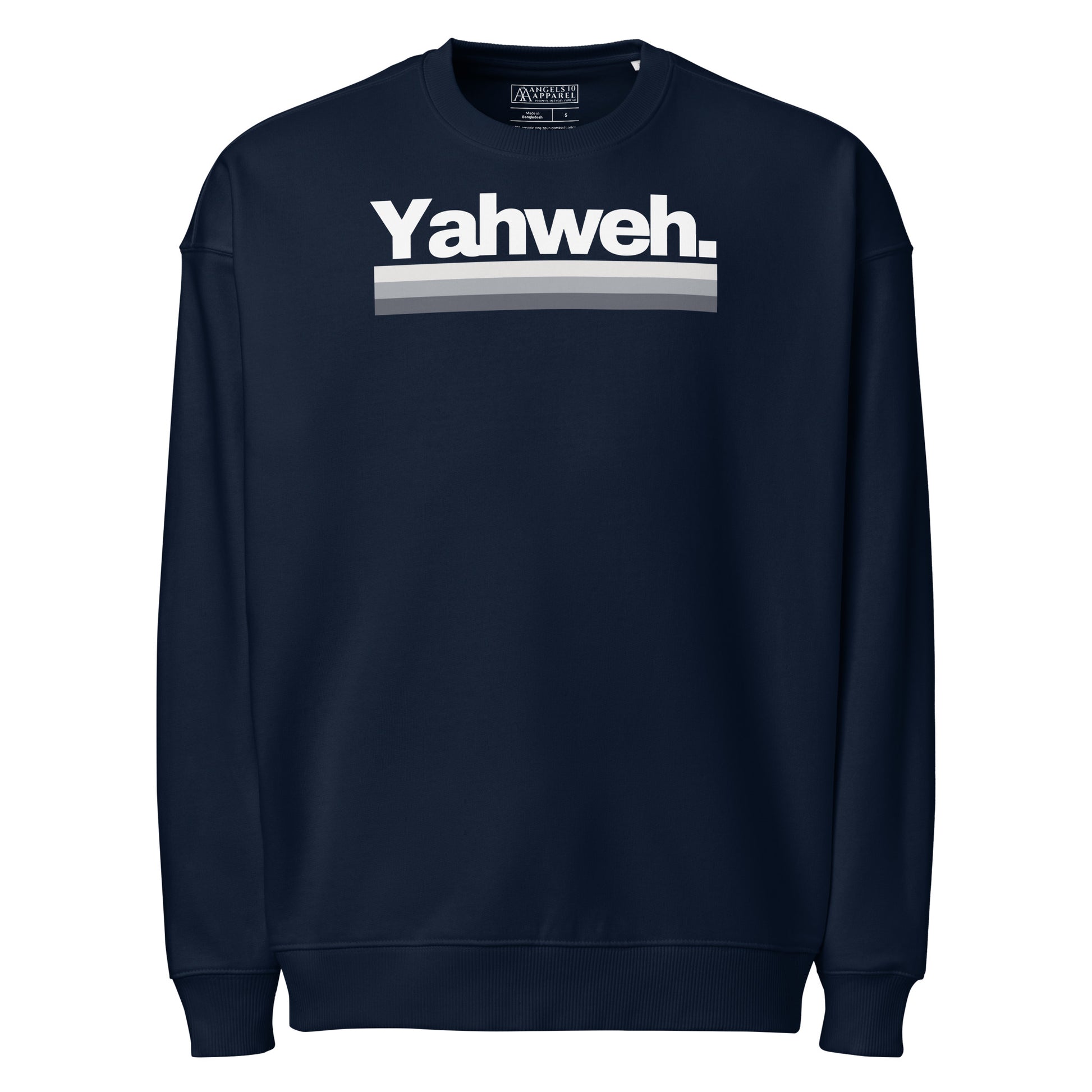 Front view of the YHWH Collection Unisex Oversized Crewneck Sweatshirt in navy, featuring the trendy 'Yahweh.' For those who value style and faith, supporting a veteran-owned small business.