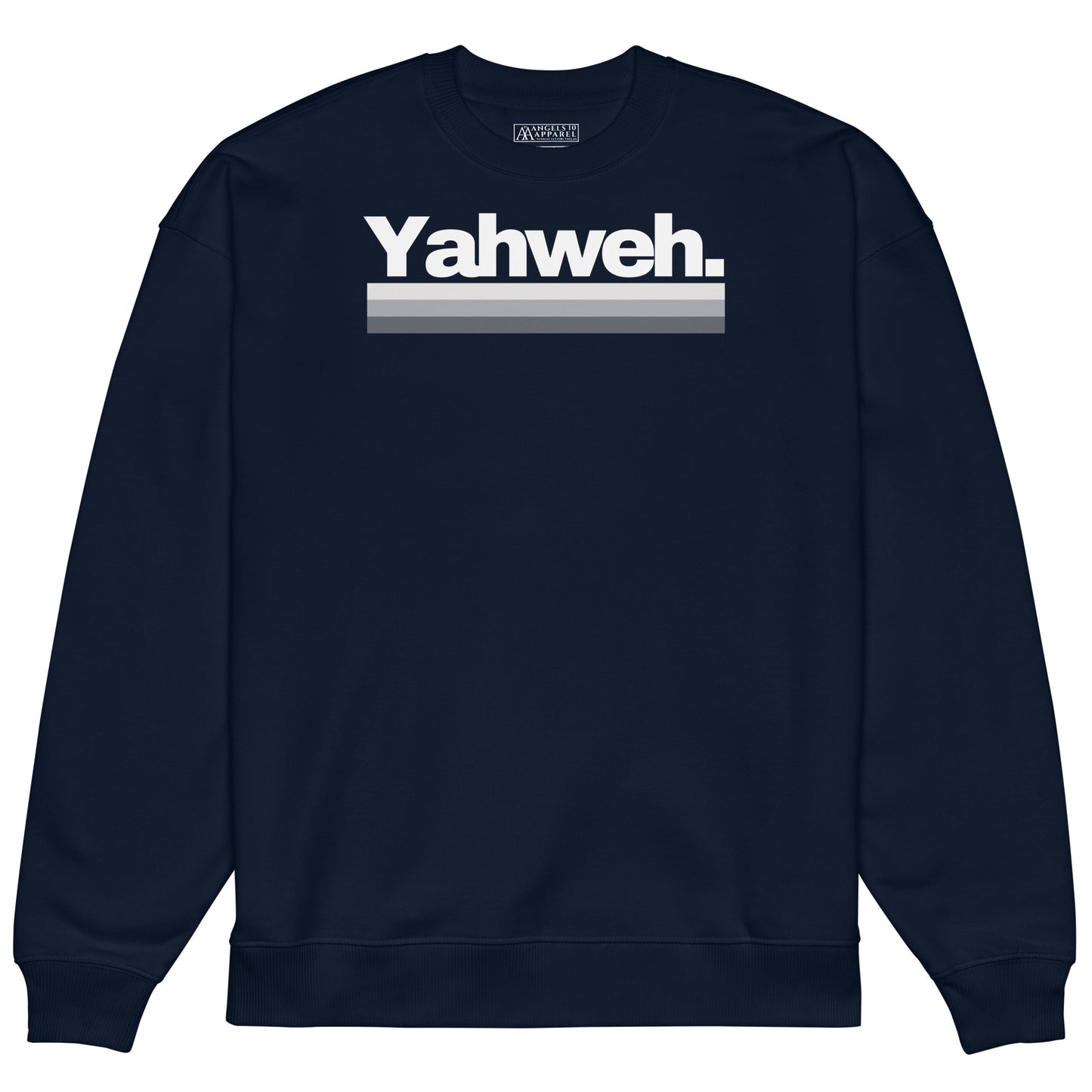Front view of navy YHWH Collection Unisex Oversized Crewneck Sweatshirt featuring 'Yahweh.' Perfect for layering while expressing your christian beliefs and supporting a small, veteran-owned business.