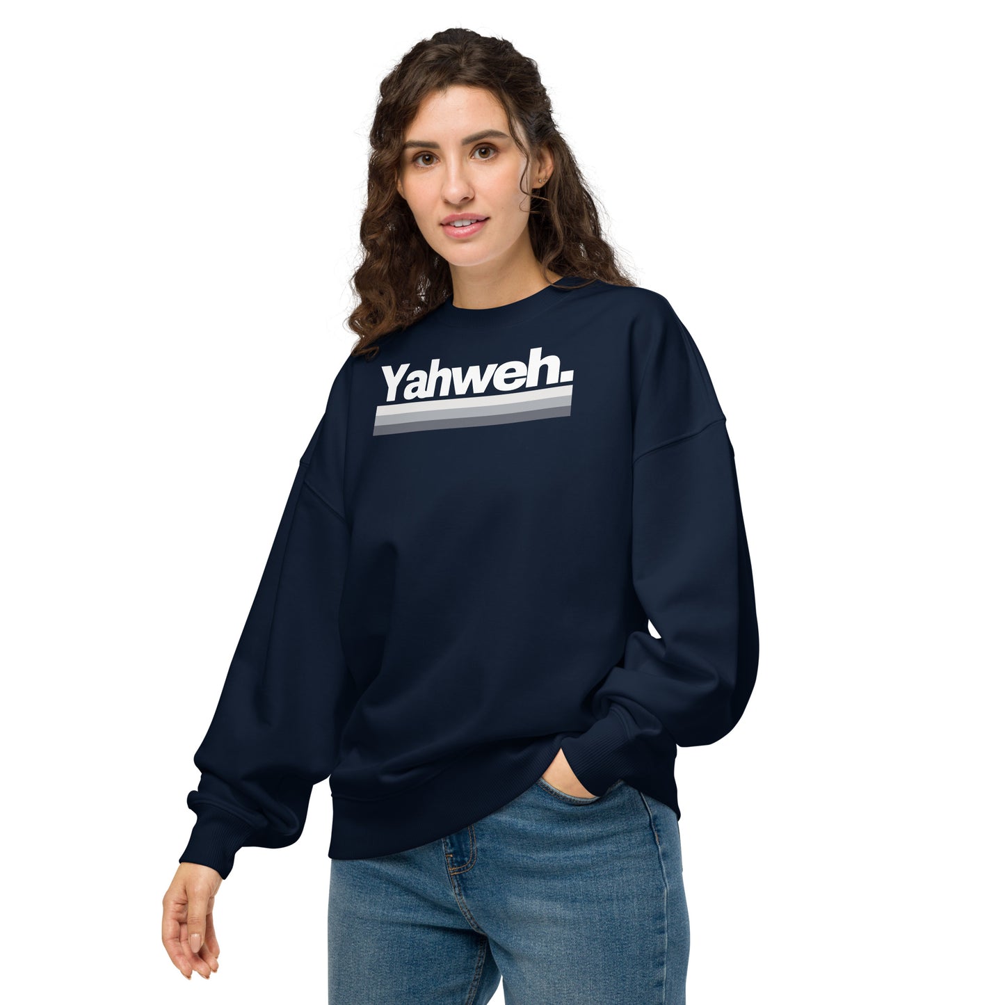 YHWH Collection Unisex Oversized Crewneck Sweatshirt in navy, designed with a bold 'Yahweh' graphic. This fashionable yet comfortable piece is great for showing your faith. Invest in a unique style while supporting a veteran-owned small business.