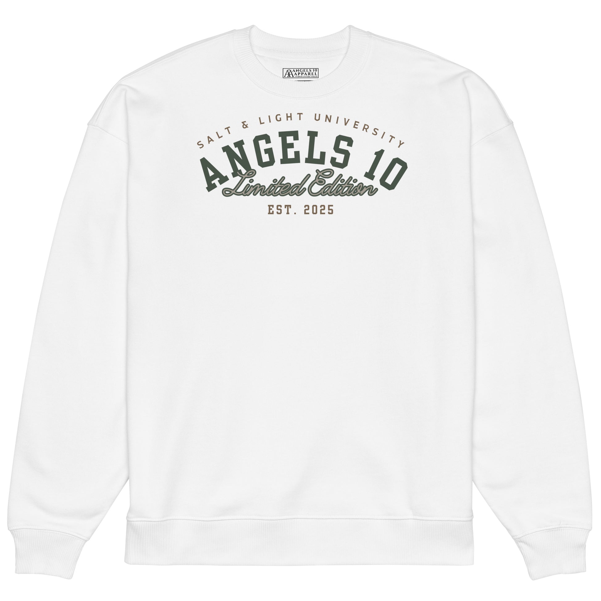 Unisex Organic Oversized Sweatshirt - Salt & Light Christian Faith Apparel - Premium Quality featuring a stylish white design with 'ANGELS 10' and 'Limited Edition' text, perfect for college students embracing their faith and showcasing discipleship as they embody the salt & light of the world.