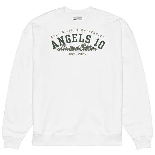 Unisex Organic Oversized Sweatshirt - Salt & Light Christian Faith Apparel - Premium Quality featuring a stylish white design with 'ANGELS 10' and 'Limited Edition' text, perfect for college students embracing their faith and showcasing discipleship as they embody the salt & light of the world.