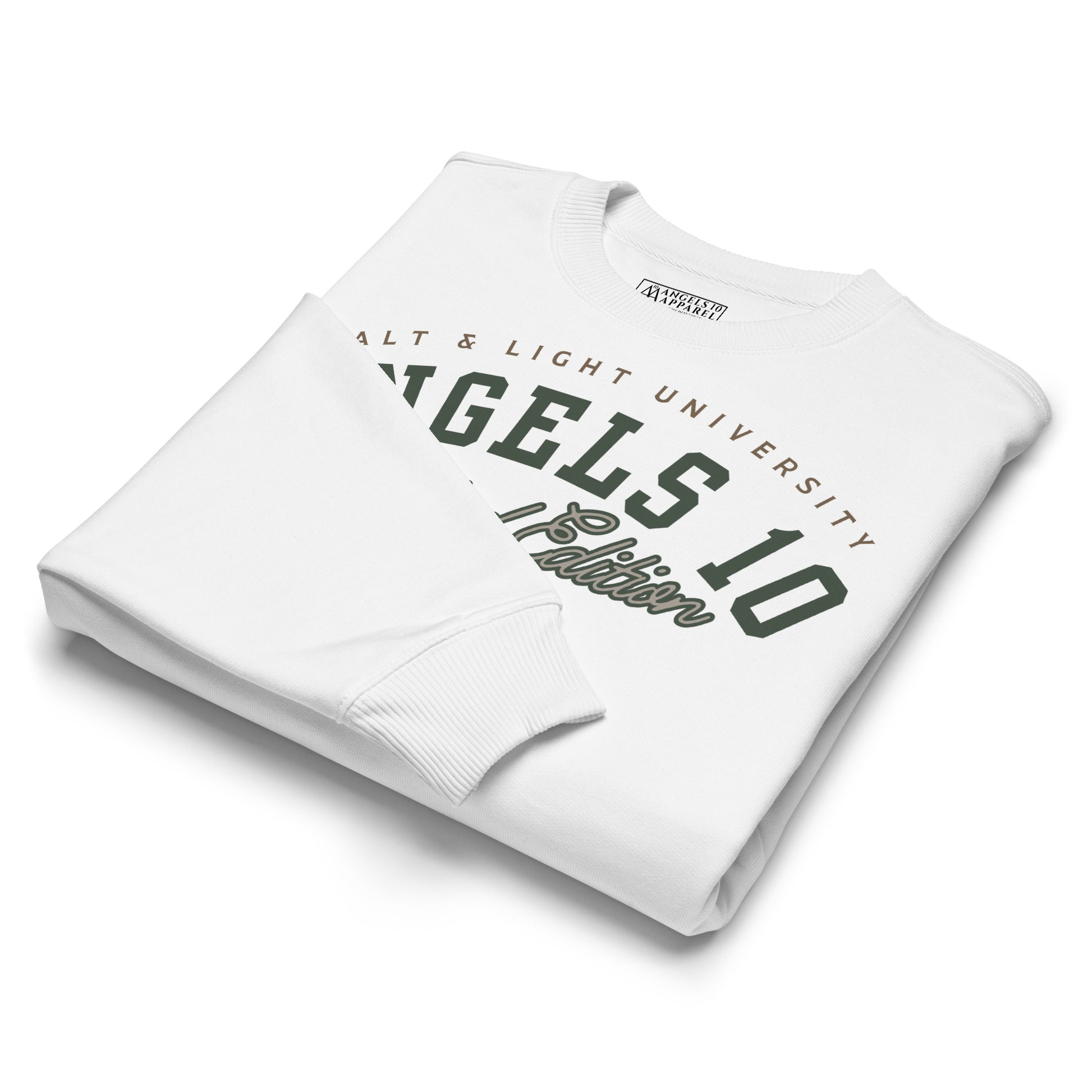 Folded Unisex Organic Oversized Sweatshirt showcasing the Angels 10 design, blending comfort and a statement of Christian faith, ideal for discipleship, and a great fit for college life as the salt & light of the world.