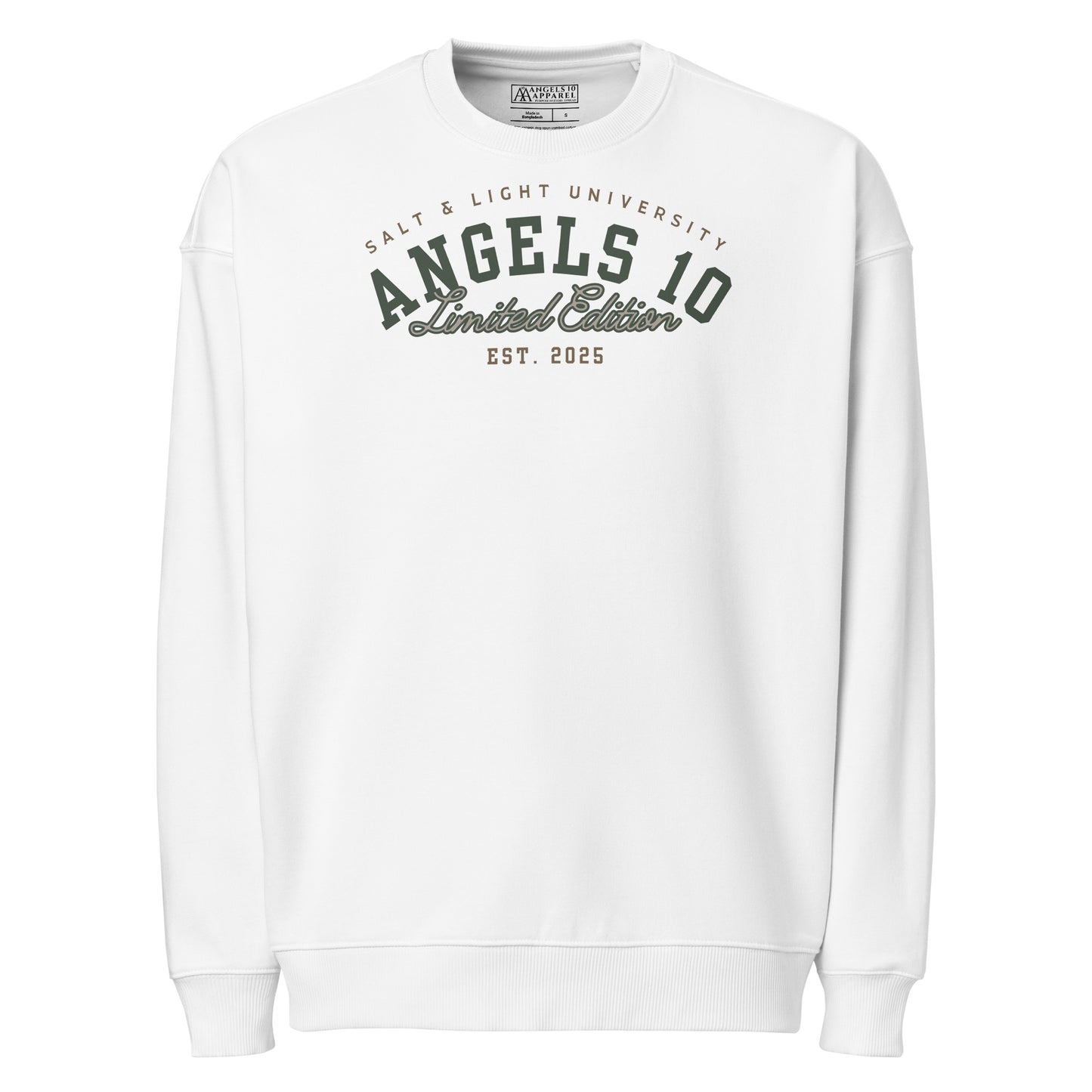 Front view of the Unisex Organic Oversized Sweatshirt with Angels 10 branding, a stylish representation of your Christian faith and commitment to discipleship, suitable for the college crowd and embodying the salt & light of the world.