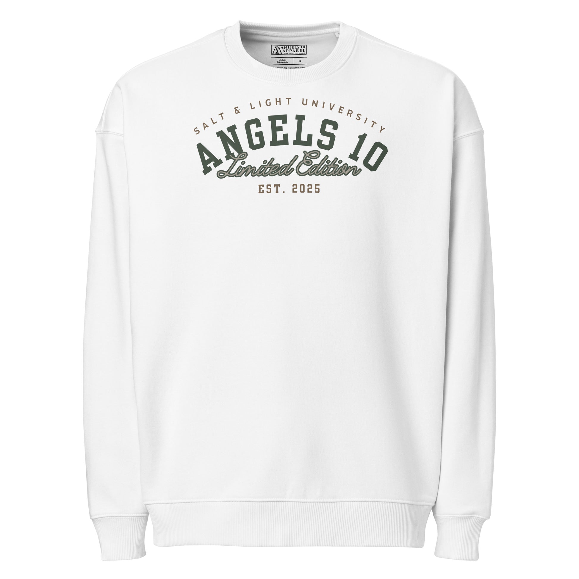 Front view of the Unisex Organic Oversized Sweatshirt with Angels 10 branding, a stylish representation of your Christian faith and commitment to discipleship, suitable for the college crowd and embodying the salt & light of the world.