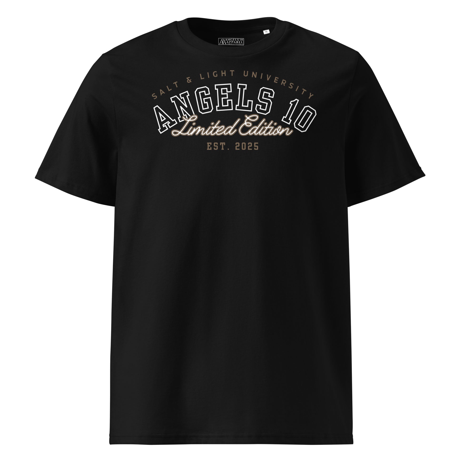 Front view of the Salt & Light Unisex Organic Ribbed Neck T-Shirt in black, featuring a stylish design that inspires faith, perfect for showcasing your commitment to discipleship as you embody the salt & light of the world on campus.