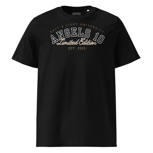 Front view of the Salt & Light Unisex Organic Ribbed Neck T-Shirt in black, featuring a stylish design that inspires faith, perfect for showcasing your commitment to discipleship as you embody the salt & light of the world on campus.