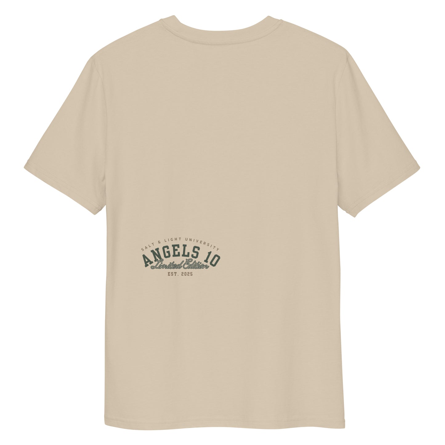 Back view of the Salt & Light Unisex Organic Ribbed Neck T-Shirt in beige, featuring the 'ANGELS 10 Limited Edition' logo, an ideal shirt for college students wanting to share their Christian discipleship and embody the salt & light of the world philosophy.