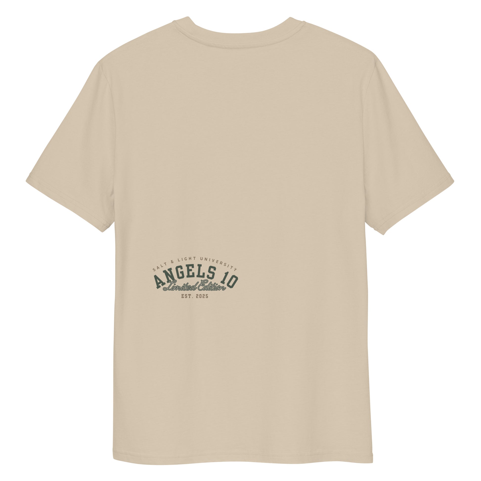 Back view of the Salt & Light Unisex Organic Ribbed Neck T-Shirt in beige, featuring the 'ANGELS 10 Limited Edition' logo, an ideal shirt for college students wanting to share their Christian discipleship and embody the salt & light of the world philosophy.