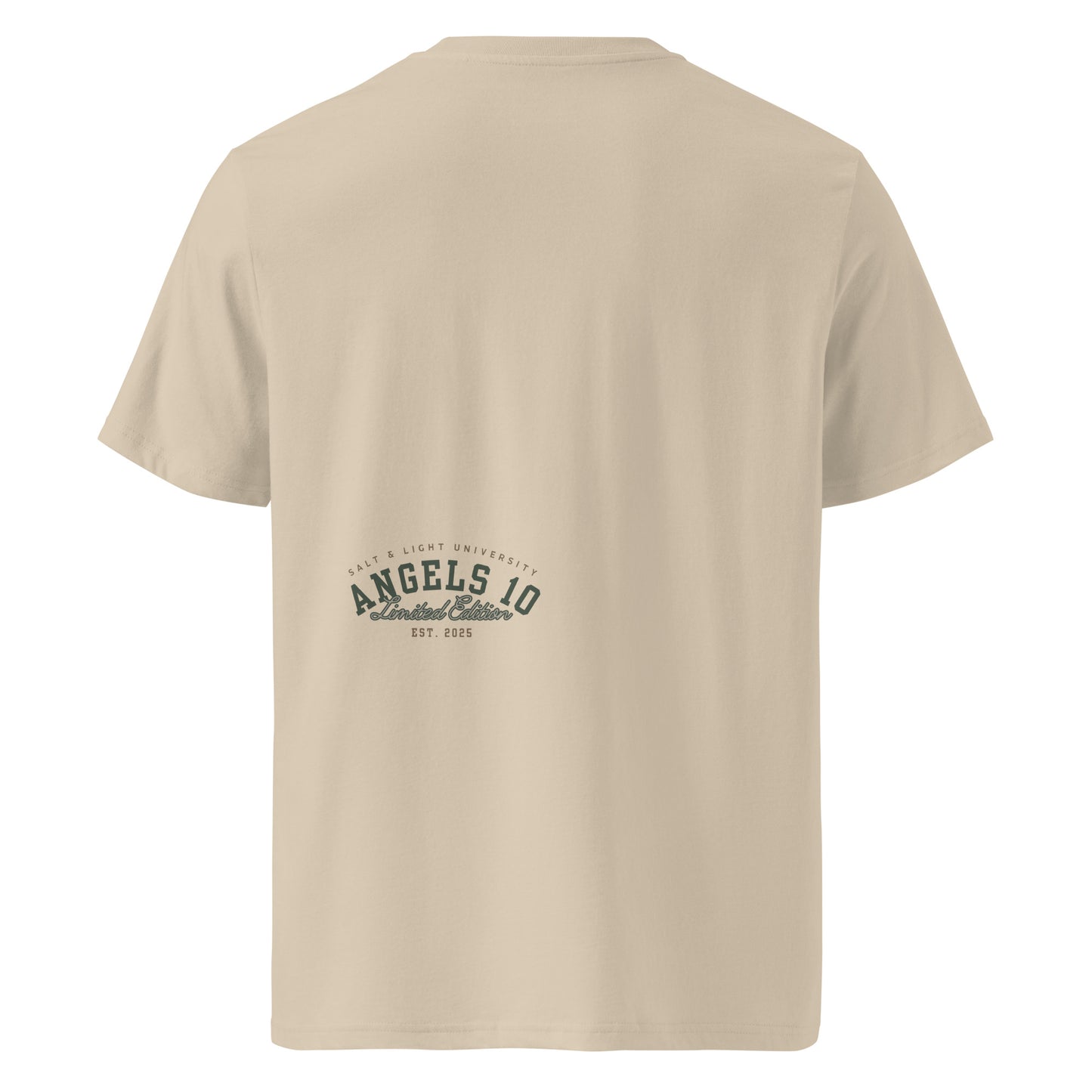 Back view of the Salt & Light Unisex Organic Ribbed Neck T-Shirt in beige, highlighting its Christian faith inspired design, perfect for college settings and embodying the spirit of discipleship and the salt & light of the world.