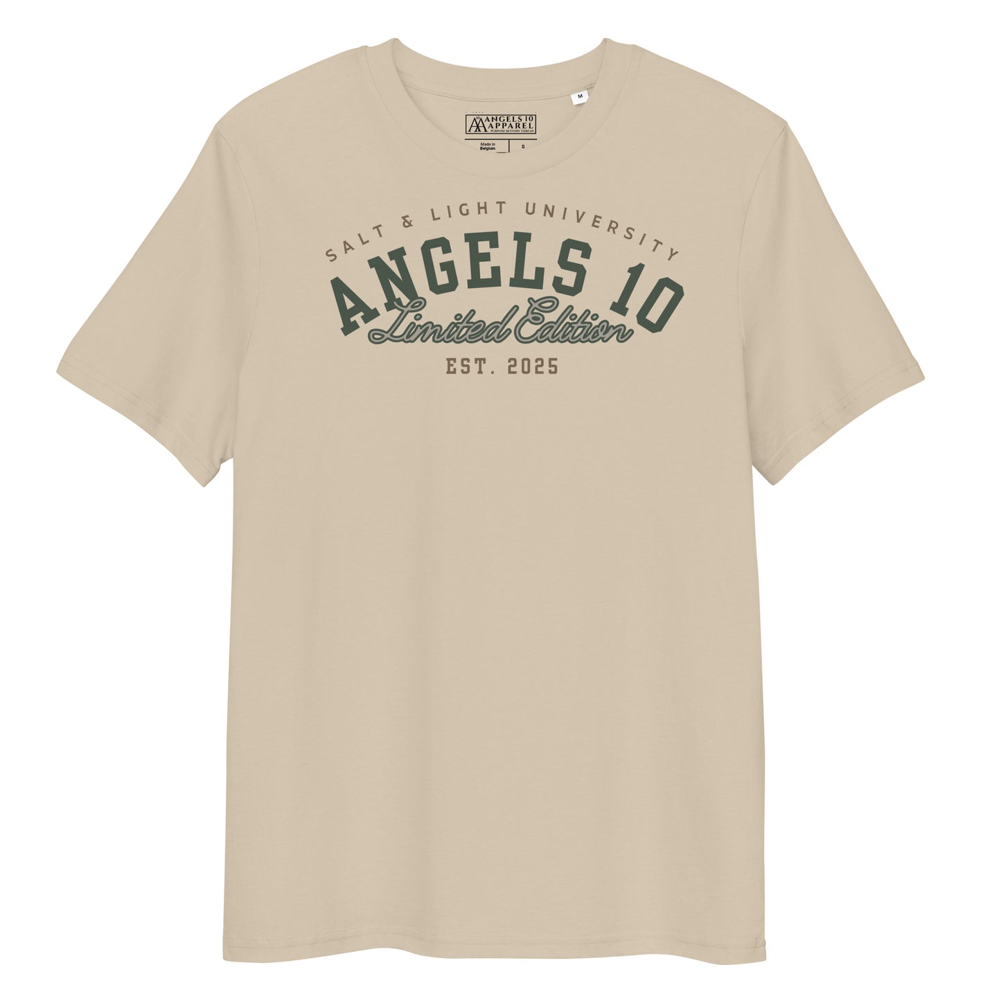 Front view of the Salt & Light Unisex Organic Ribbed Neck T-Shirt in beige, featuring the 'ANGELS 10 Limited Edition' logo, perfect for showcasing your Christian faith and discipleship as you connect with others in a college setting, spreading the salt & light of the world message.
