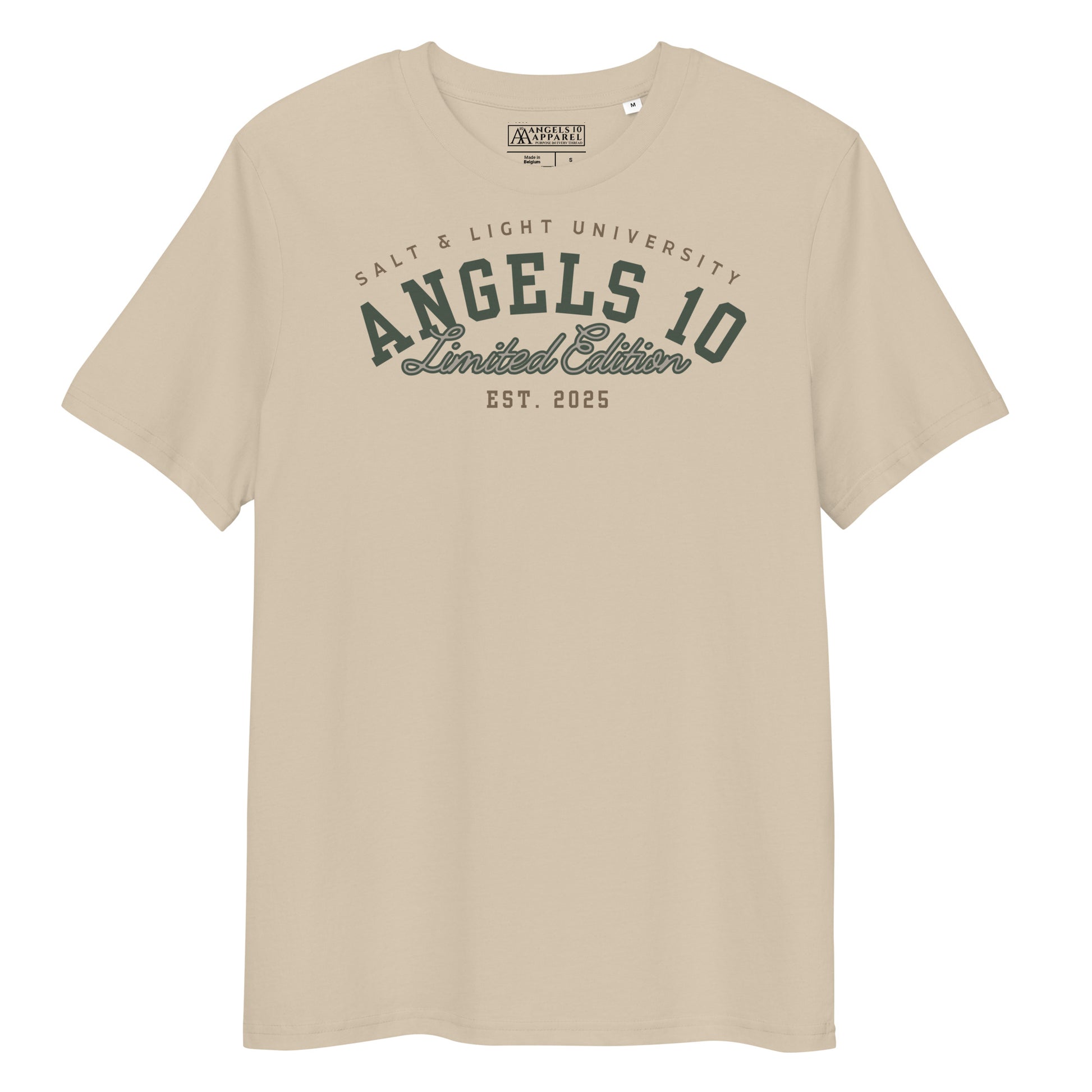 Front view of the Salt & Light Unisex Organic Ribbed Neck T-Shirt in beige, featuring the 'ANGELS 10 Limited Edition' logo, perfect for showcasing your Christian faith and discipleship as you connect with others in a college setting, spreading the salt & light of the world message.