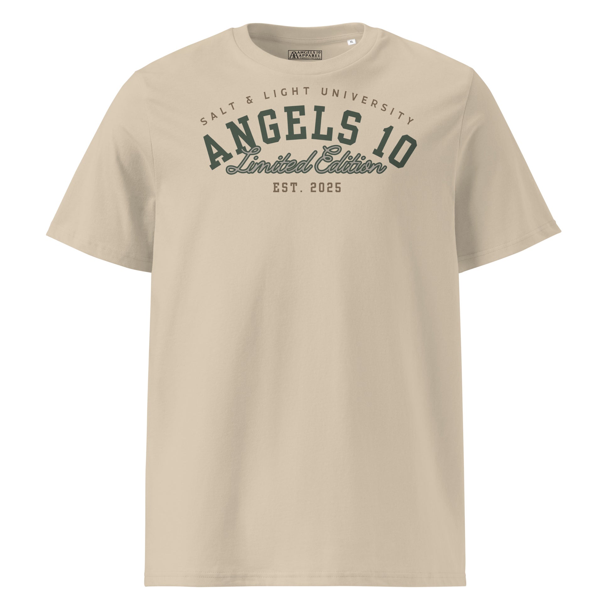 Salt & Light Unisex Organic Ribbed Neck T-Shirt in beige, emphasizing its comfort and premium quality, ideal for showcasing Christian faith and discipleship during college events and promoting the idea of being the salt & light of the world.