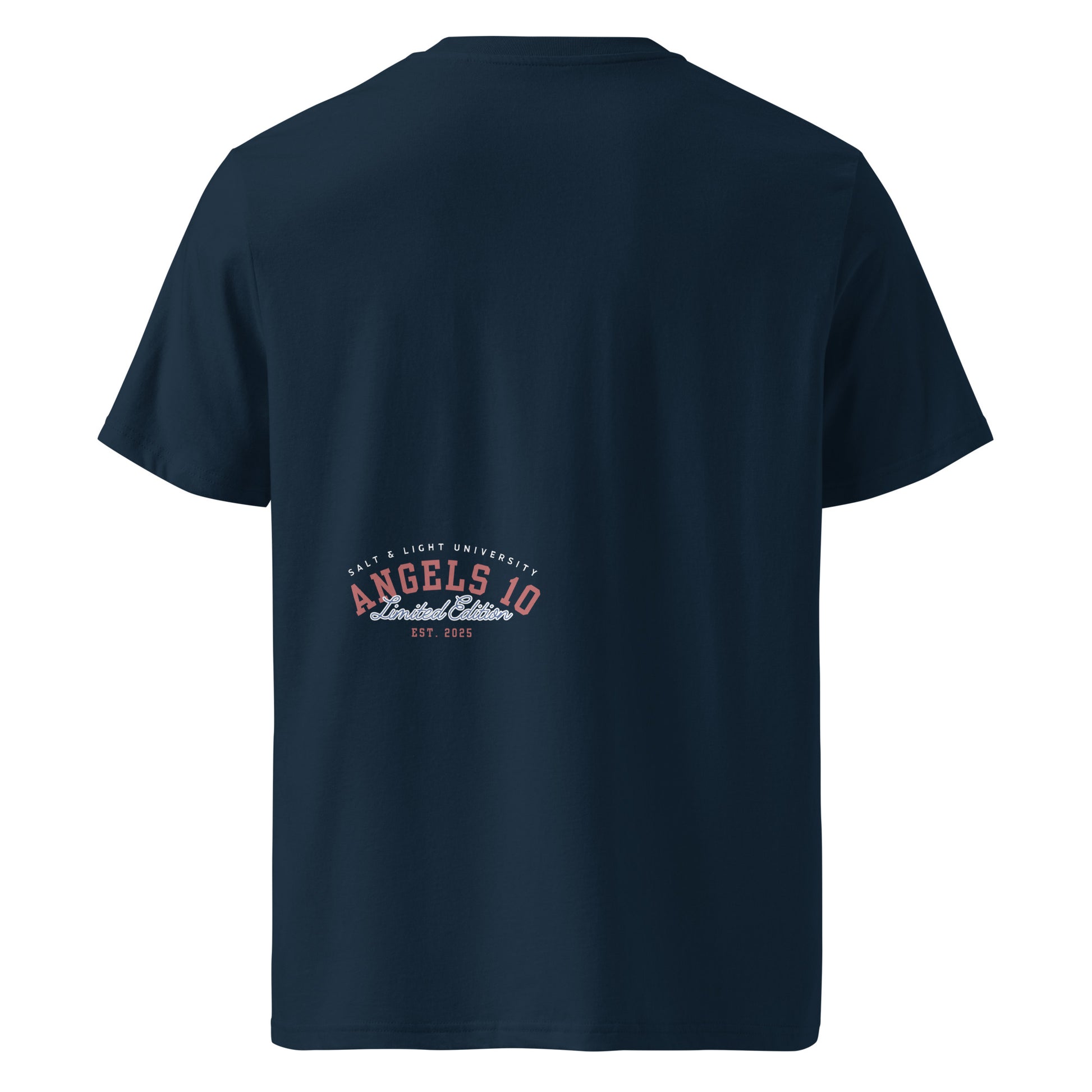 Back view of the Salt & Light Unisex Organic Cotton Ribbed T-Shirt showcasing the design by ANGELS 10 Apparel LLC, symbolizing faith and discipleship. This t-shirt is perfect for college students and individuals committed to living as the 'salt & light of the world'.