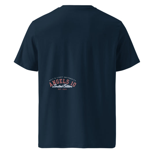 Back view of the Salt & Light Unisex Organic Cotton Ribbed T-Shirt showcasing the design by ANGELS 10 Apparel LLC, symbolizing faith and discipleship. This t-shirt is perfect for college students and individuals committed to living as the 'salt & light of the world'.