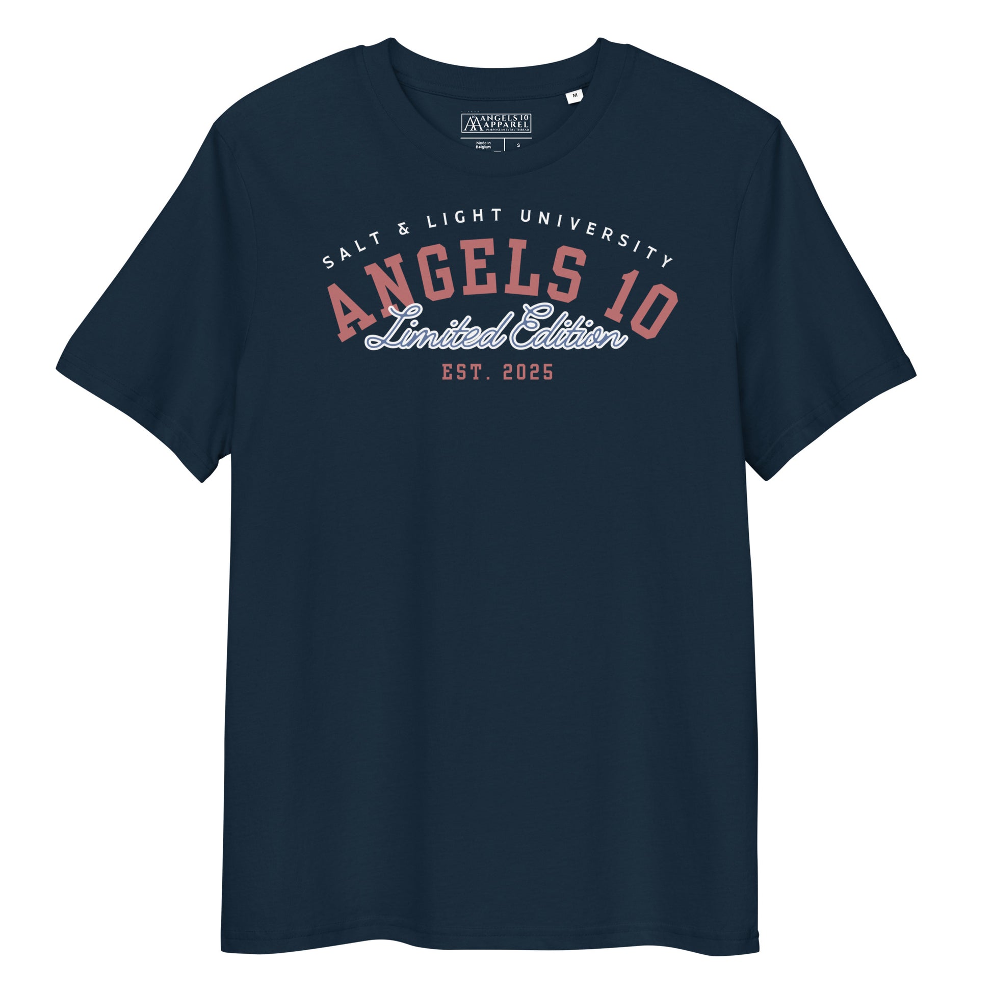 Front view of the Salt & Light Unisex Organic Cotton Ribbed T-Shirt by ANGELS 10 Apparel LLC, featuring bold lettering. Ideal for expressing faith and discipleship, this shirt is a stylish choice for college life and embodying the commitment of being the 'salt & light of the world'.