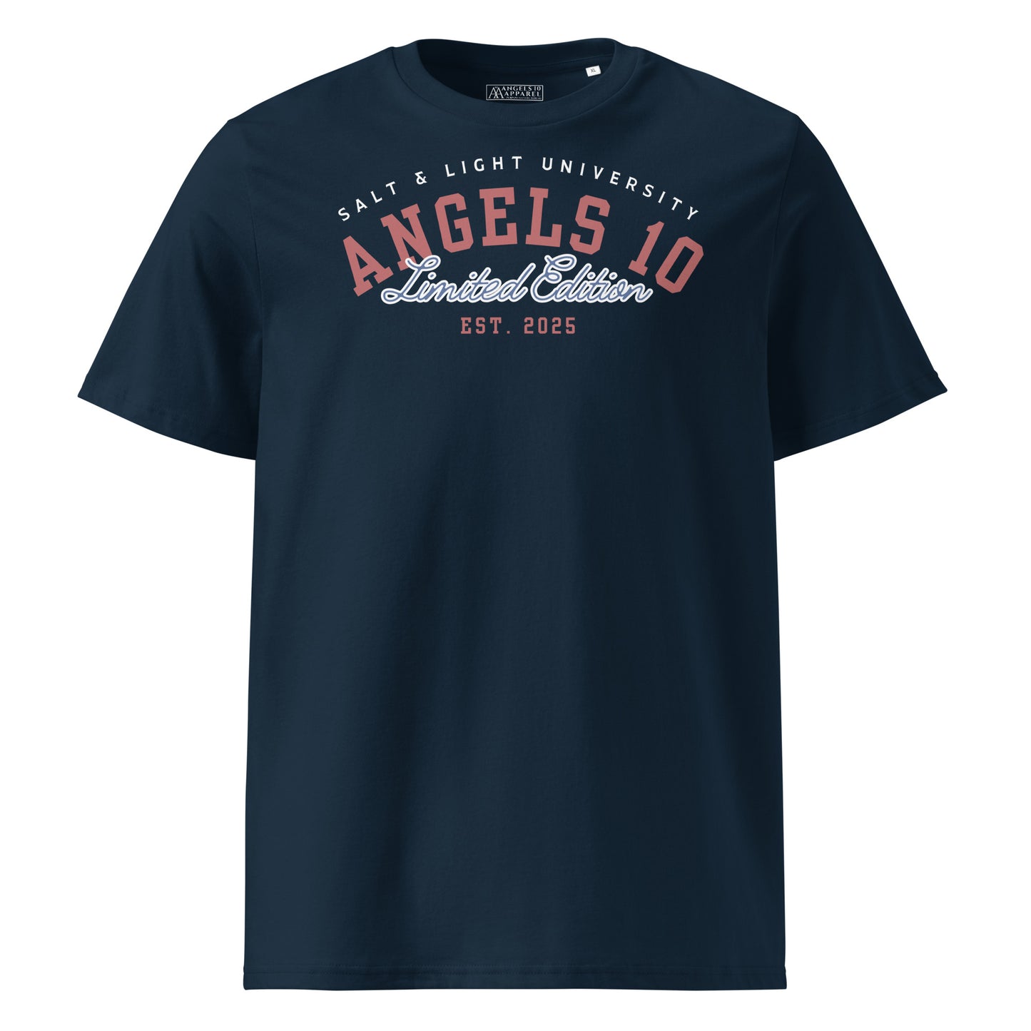 Front view of the Salt & Light Unisex Organic Cotton Ribbed T-Shirt by ANGELS 10 Apparel LLC, highlighting the Limited Edition design. This tee is a perfect choice for those in college who embody faith and discipleship, representing their role as the 'salt & light of the world'.