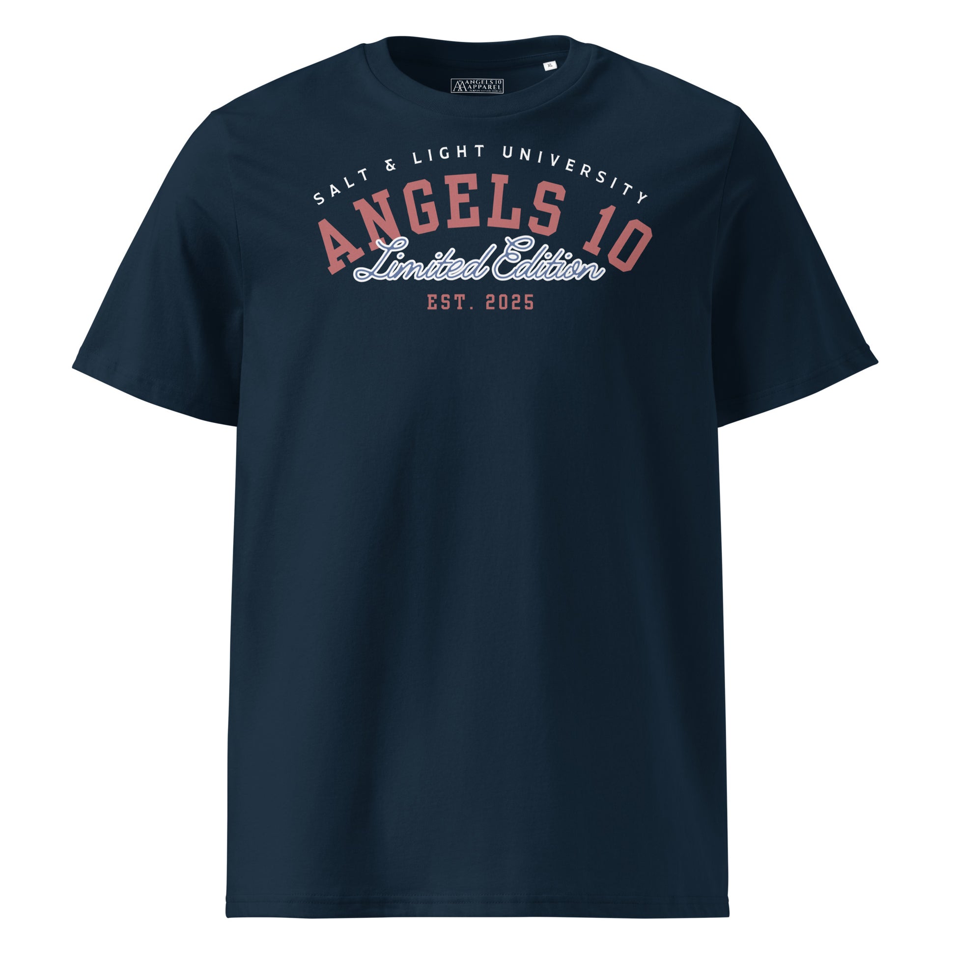 Front view of the Salt & Light Unisex Organic Cotton Ribbed T-Shirt by ANGELS 10 Apparel LLC, highlighting the Limited Edition design. This tee is a perfect choice for those in college who embody faith and discipleship, representing their role as the 'salt & light of the world'.