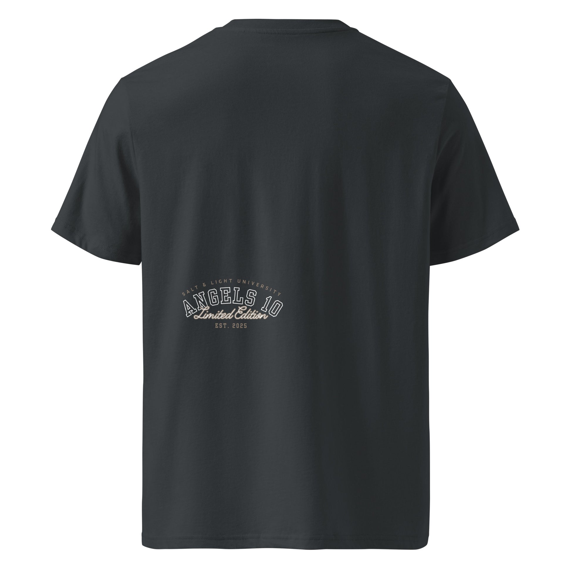 Back view of the Salt & Light Unisex Organic Ribbed Neck T-Shirt showing 'ANGELS 10 Limited Edition EST. 2025', embodying faith and discipleship for college goers. A stylish choice for those committed to being the salt & light of the world.