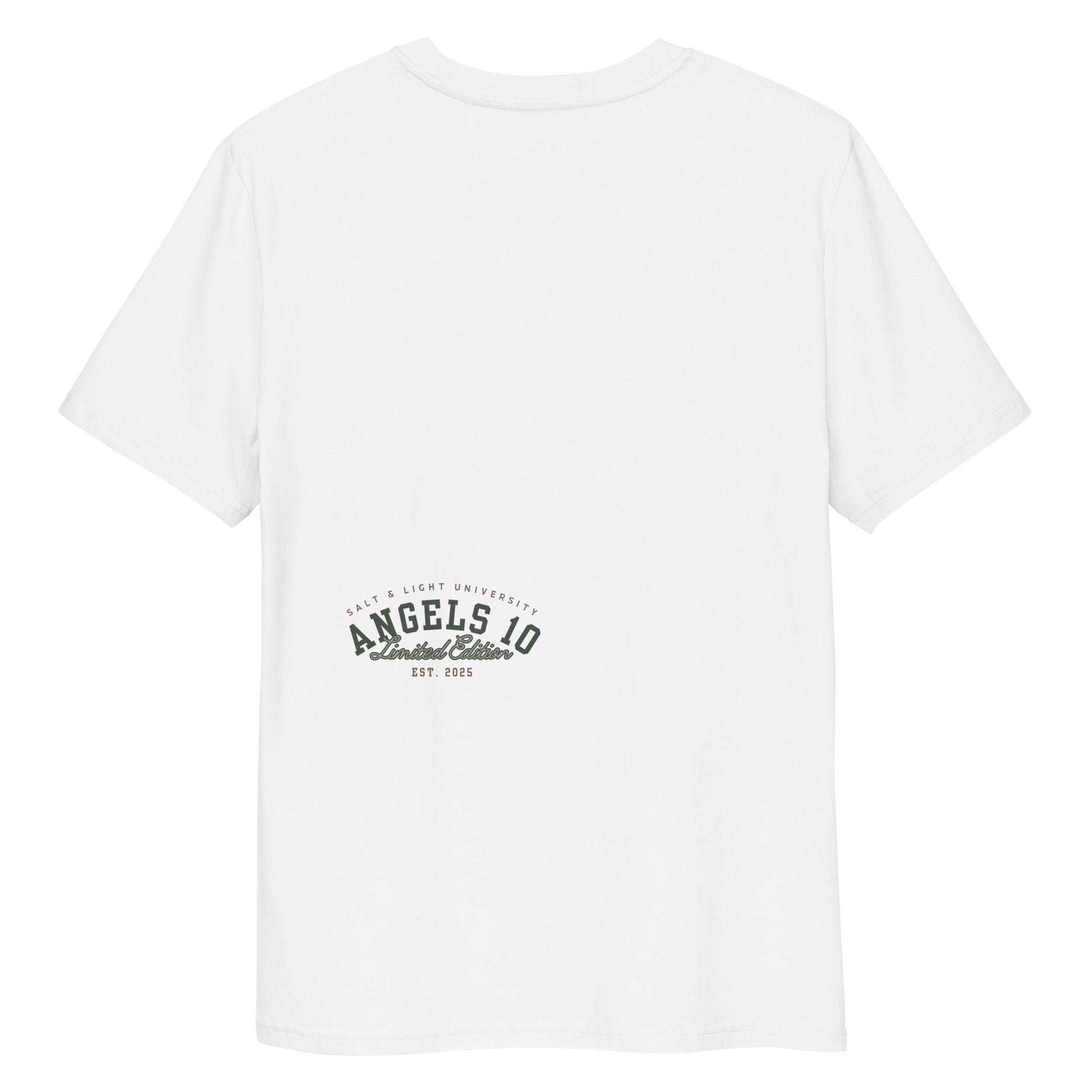 Back view of the Salt & Light Unisex Organic Ribbed Neck T-Shirt in white, displaying the 'ANGELS 10 Limited Edition' logo, a great way to express your Christian faith while being comfortably stylish at college gatherings.
