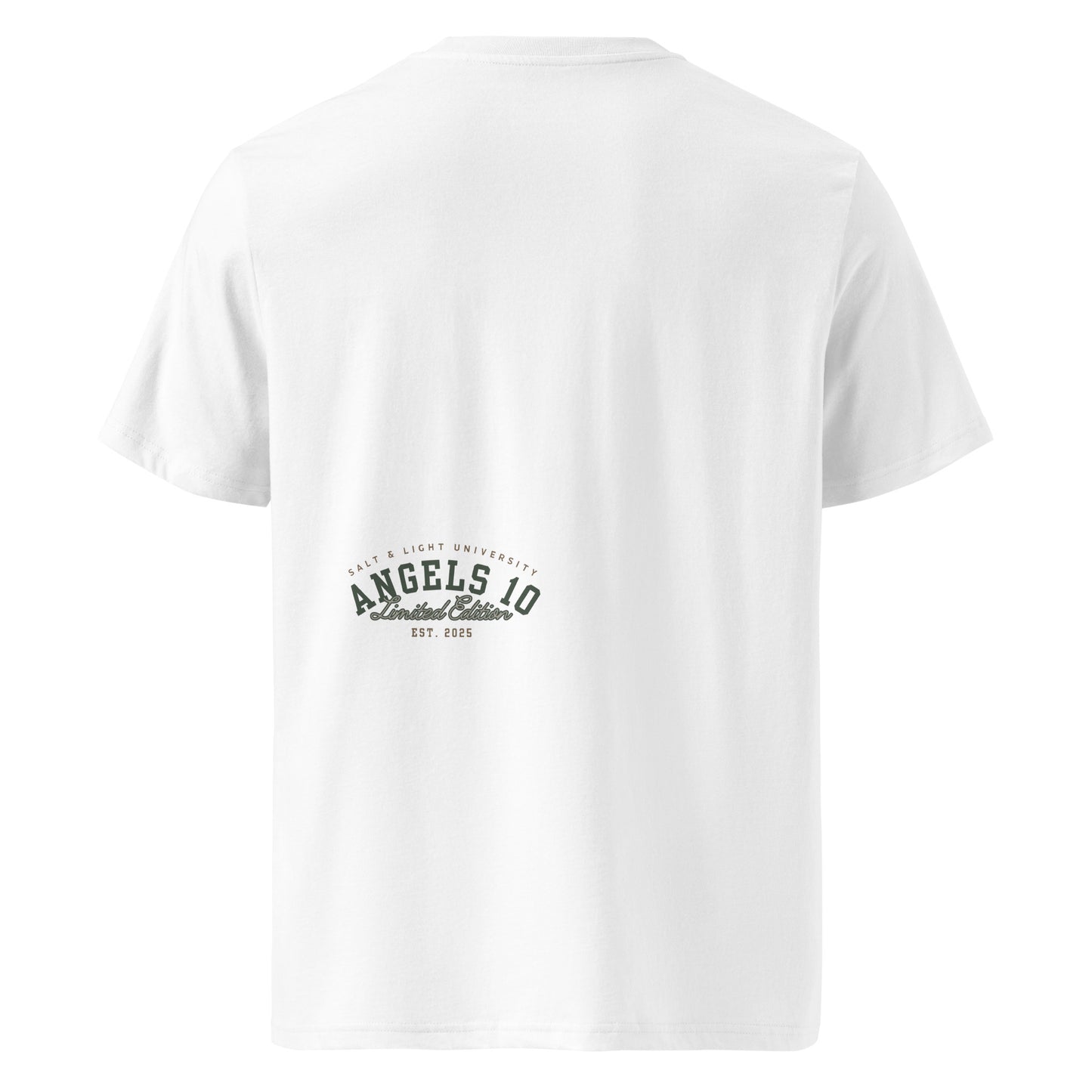 Back view of the Salt & Light Unisex Organic Ribbed Neck T-Shirt in white, featuring Christian faith design, suitable for college life and reflecting a commitment to discipleship and the principles of being the salt & light of the world.