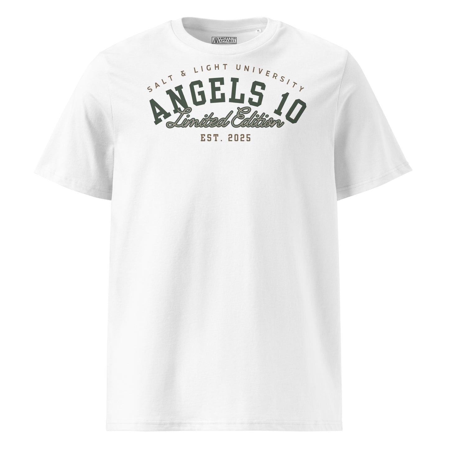 Salt & Light Unisex Organic Ribbed Neck T-Shirt in white, showcasing premium quality and Christian faith design, perfect for discipleship and expressing beliefs at college while spreading the message of being the salt & light of the world.