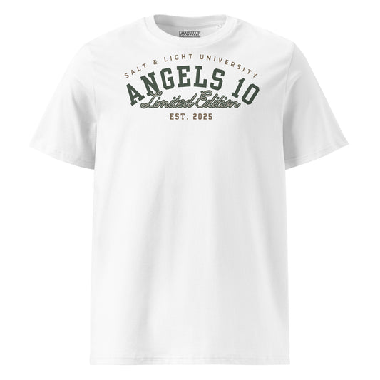 Salt & Light Unisex Organic Ribbed Neck T-Shirt in white, showcasing premium quality and Christian faith design, perfect for discipleship and expressing beliefs at college while spreading the message of being the salt & light of the world.