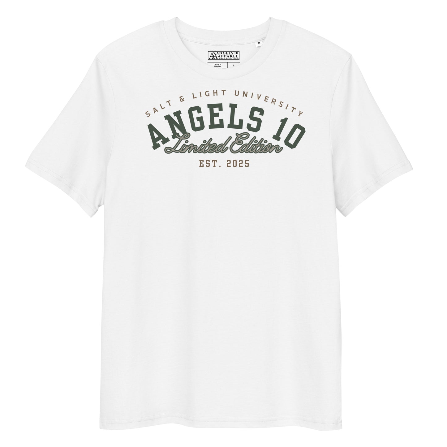 Front view of the Salt & Light Unisex Organic Ribbed Neck T-Shirt in white, showcasing the Christian faith design, great for college wear while encouraging discipleship and being the salt & light of the world.
