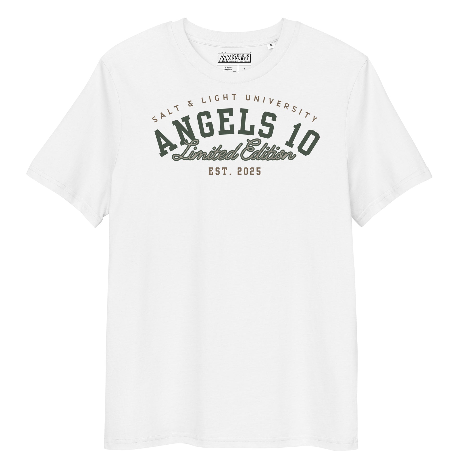 Front view of the Salt & Light Unisex Organic Ribbed Neck T-Shirt in white, showcasing the Christian faith design, great for college wear while encouraging discipleship and being the salt & light of the world.