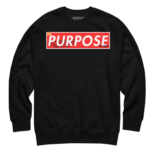 Purpose Premium Unisex Crewneck Sweatshirt in black, featuring a bold 'PURPOSE' graphic design, perfect for believers wanting to express their faith. This premium apparel represents a combination of style and belief, ideal for those who value Christian faith. Proudly made by a veteran-owned small business.