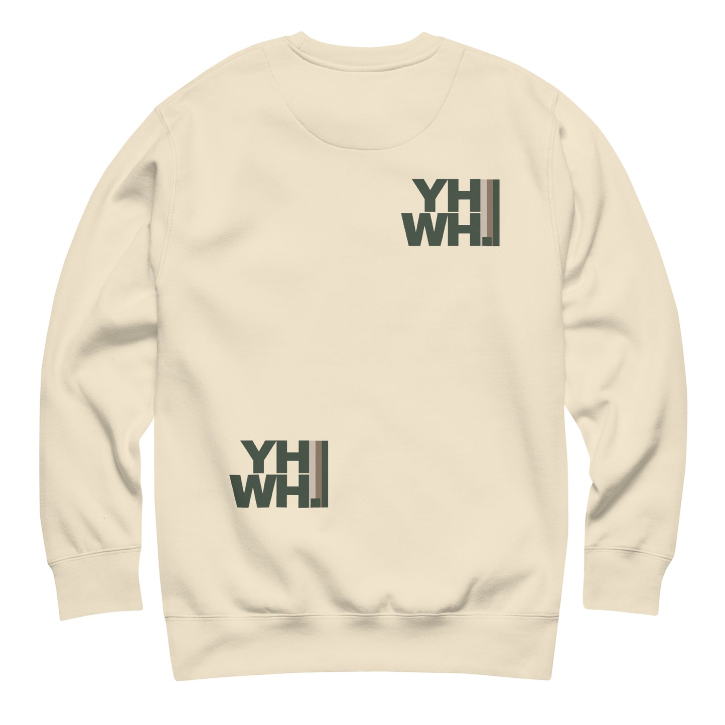 Back of the Unisex YHWH Premium Sweatshirt in beige highlighting small YHWH designs. A versatile piece for stylish comfort. Christian, faith, veteran owned, style, small business, support.
