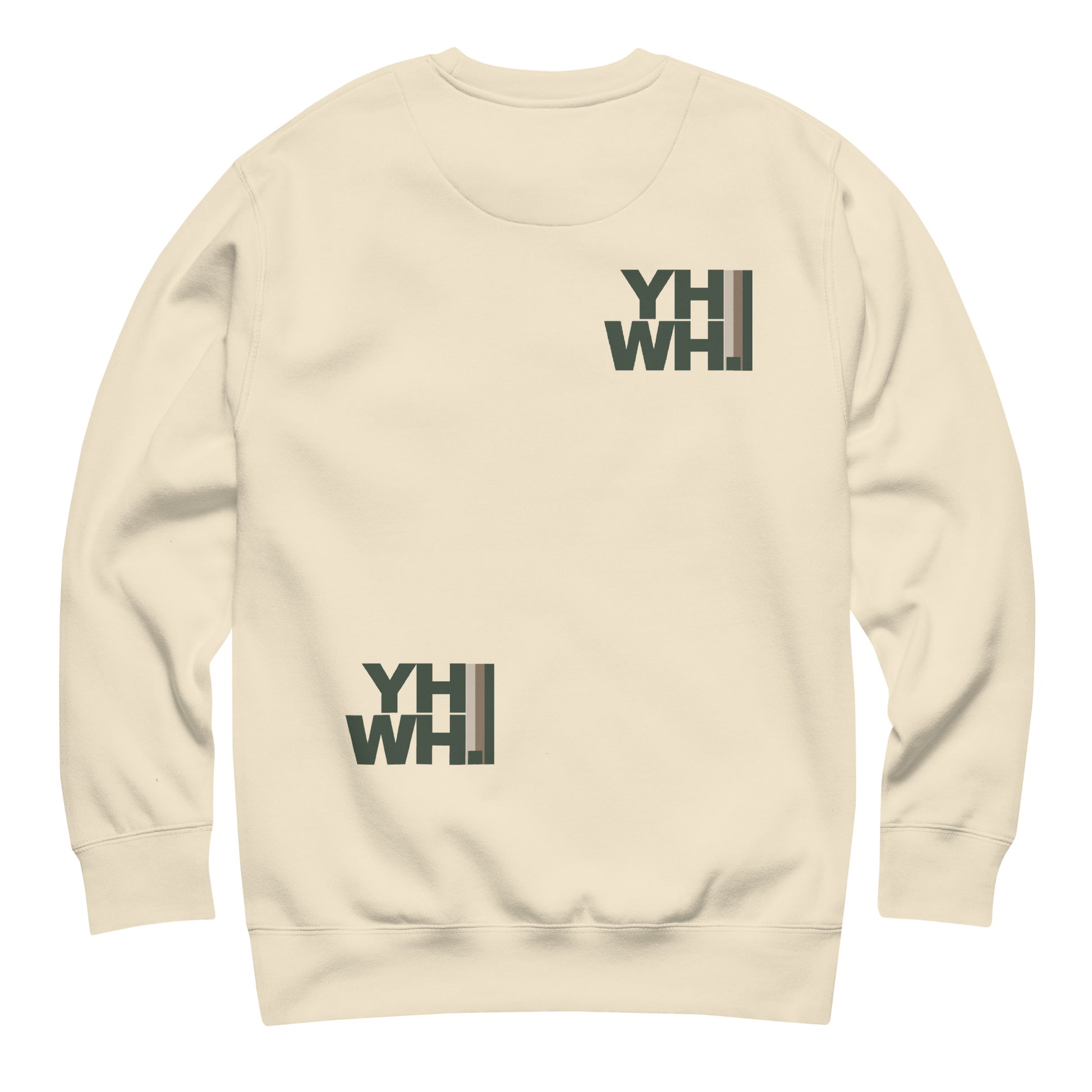 Back of the Unisex YHWH Premium Sweatshirt in beige highlighting small YHWH designs. A versatile piece for stylish comfort. Christian, faith, veteran owned, style, small business, support.