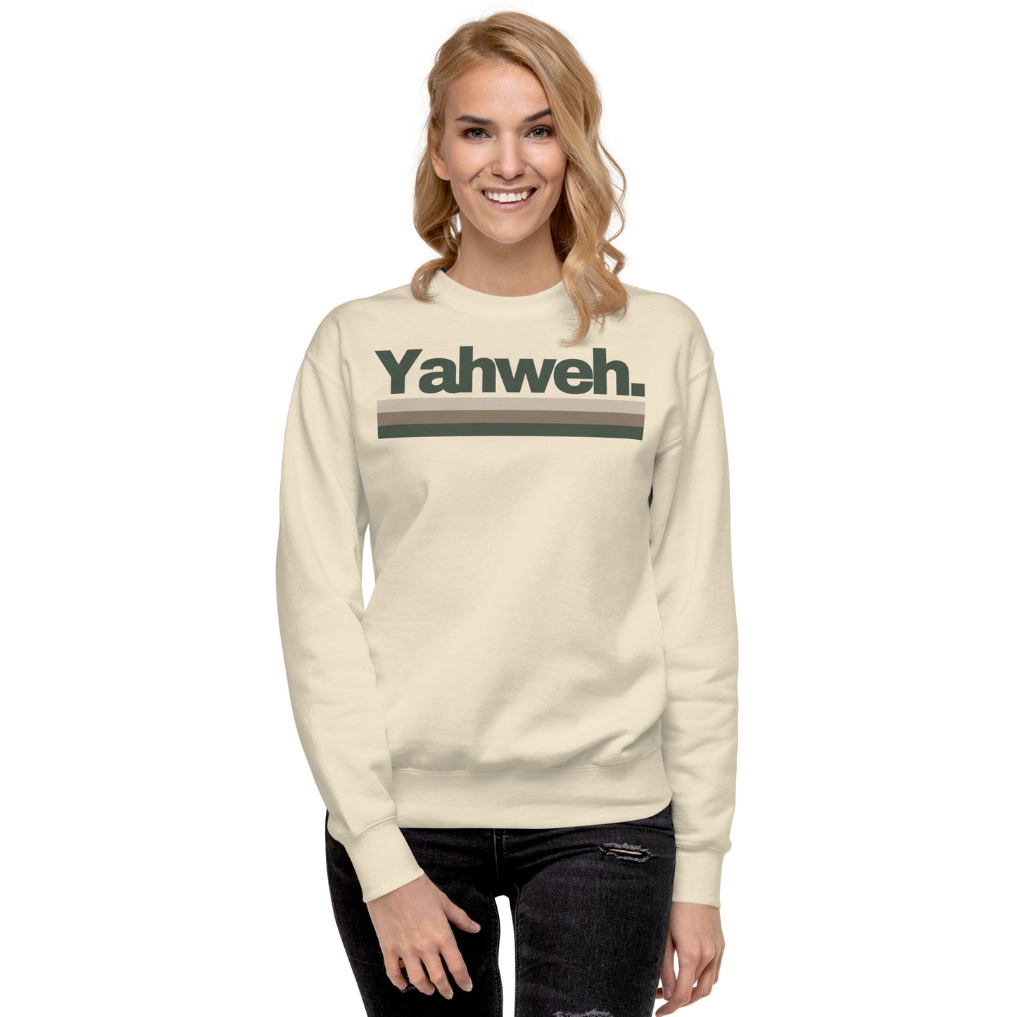 Smiling woman wearing the front view of the Unisex YHWH Premium Sweatshirt, featuring the printed 'Yahweh.' This sweatshirt combines comfort with faith-driven style from a veteran-owned small business.