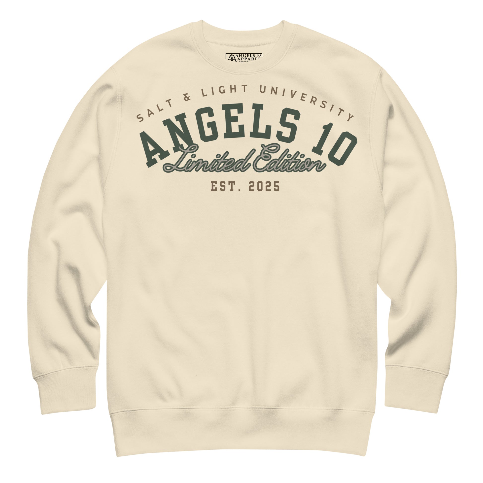 Front view of the Salt & Light of the World Unisex Premium Sweatshirt showing the vibrant colors that celebrate faith and college life.