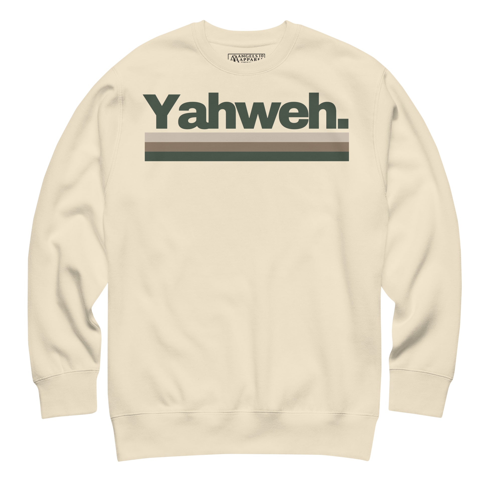 Unisex YHWH Premium Sweatshirt in beige with a sleek Yahweh print. Perfect for layering and showcasing personal values. Christian, faith, veteran owned, style, small business, support.