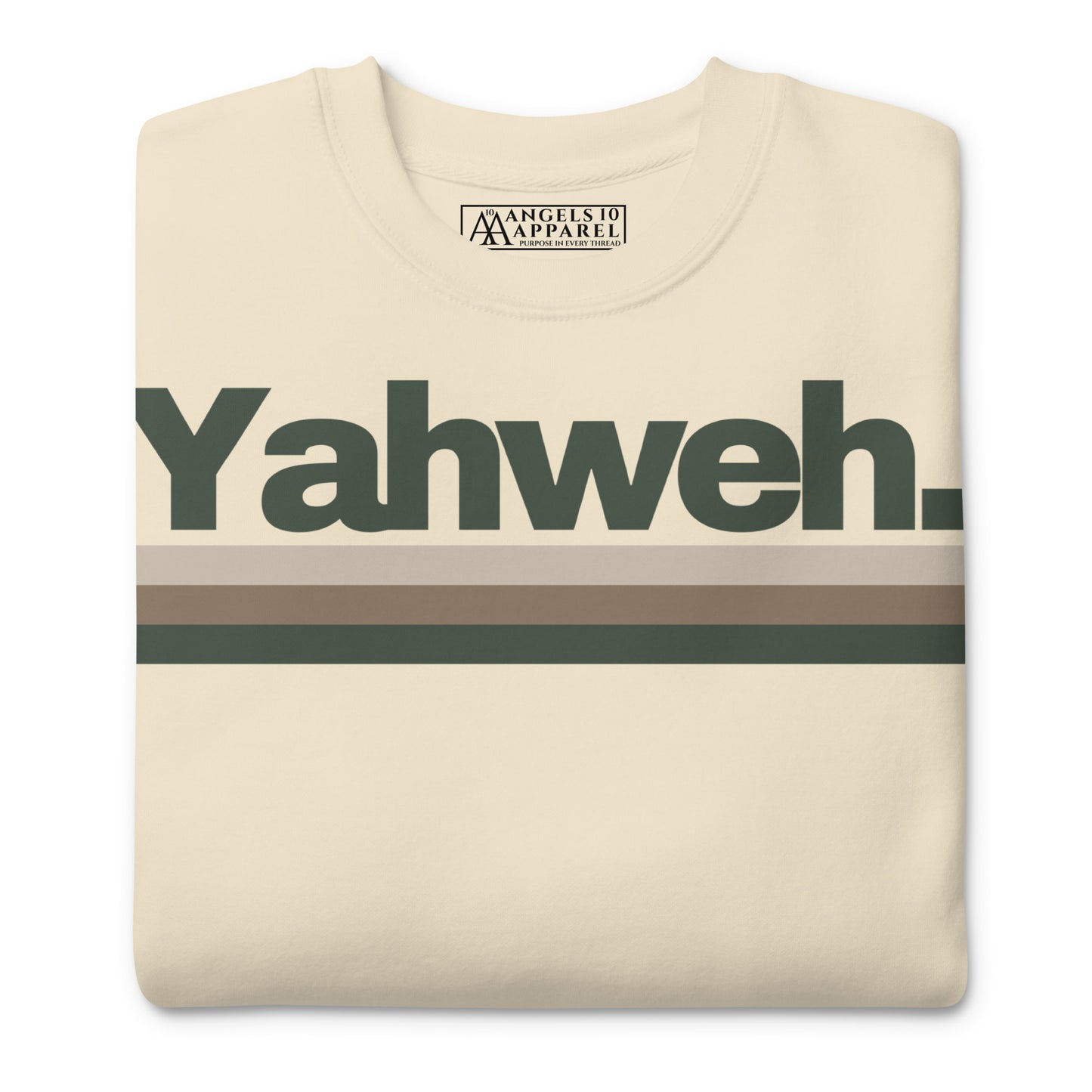 Folded Unisex YHWH Premium Sweatshirt in beige, featuring the 'Yahweh.' print. A cozy option to elevate your style while embracing your christian faith and supporting a veteran-owned small business.
