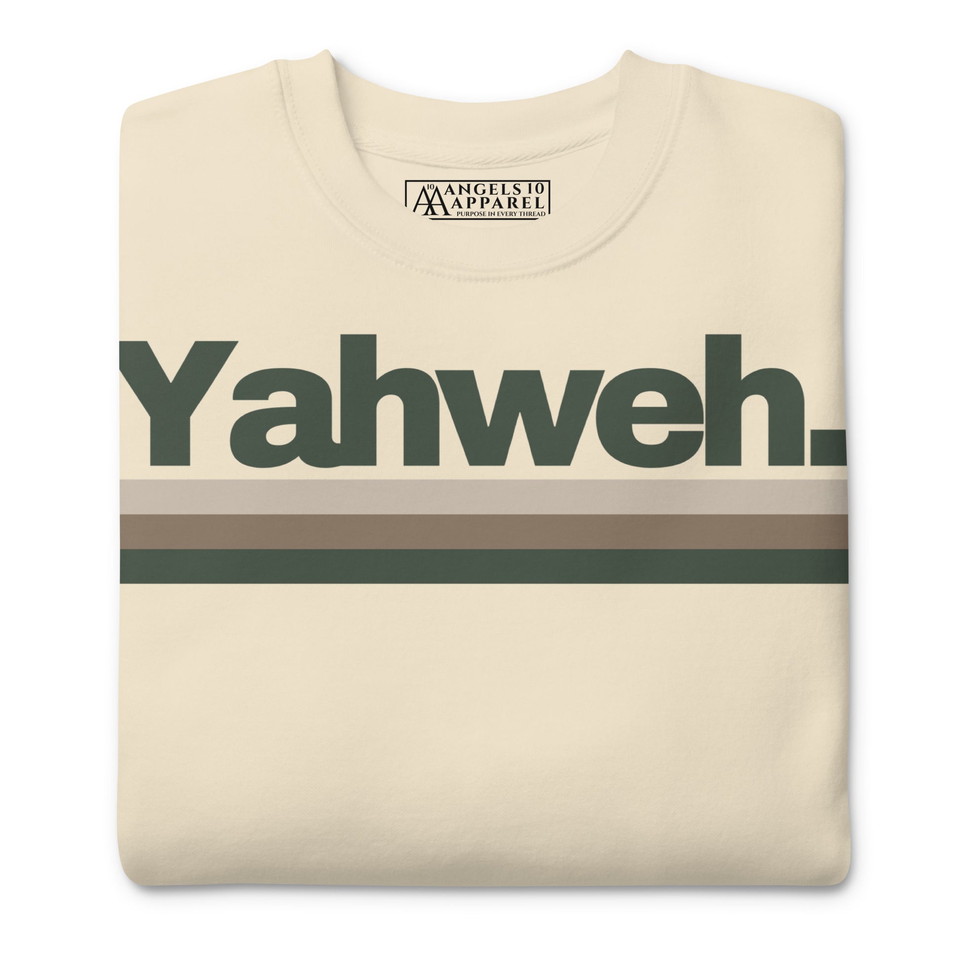 Folded Unisex YHWH Premium Sweatshirt in beige, featuring the 'Yahweh.' print. A cozy option to elevate your style while embracing your christian faith and supporting a veteran-owned small business.
