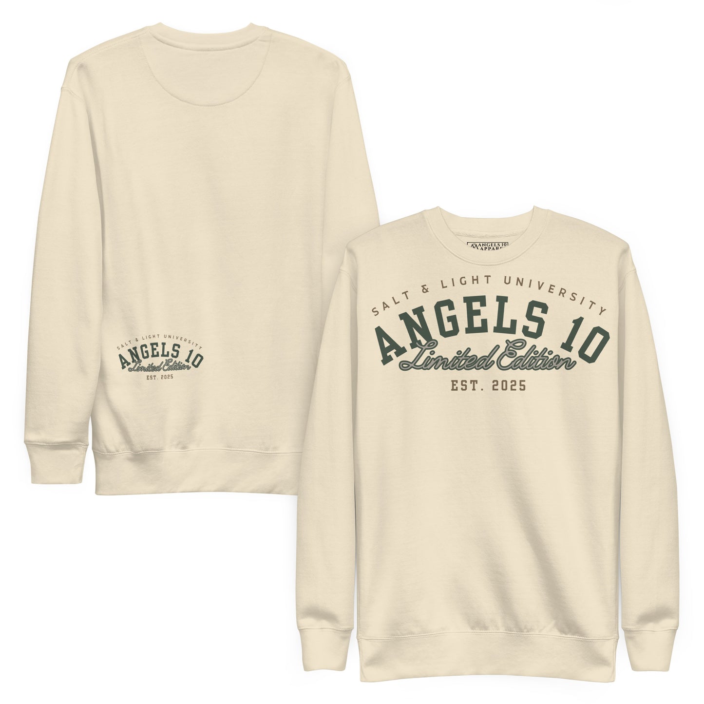 Salt & Light of the World Unisex Premium Sweatshirt featuring a stylish design from ANGELS 10 APPAREL LLC, perfect for expressing Christian faith and discipleship at college. Ideal for students looking for comfortable and fashionable clothing.