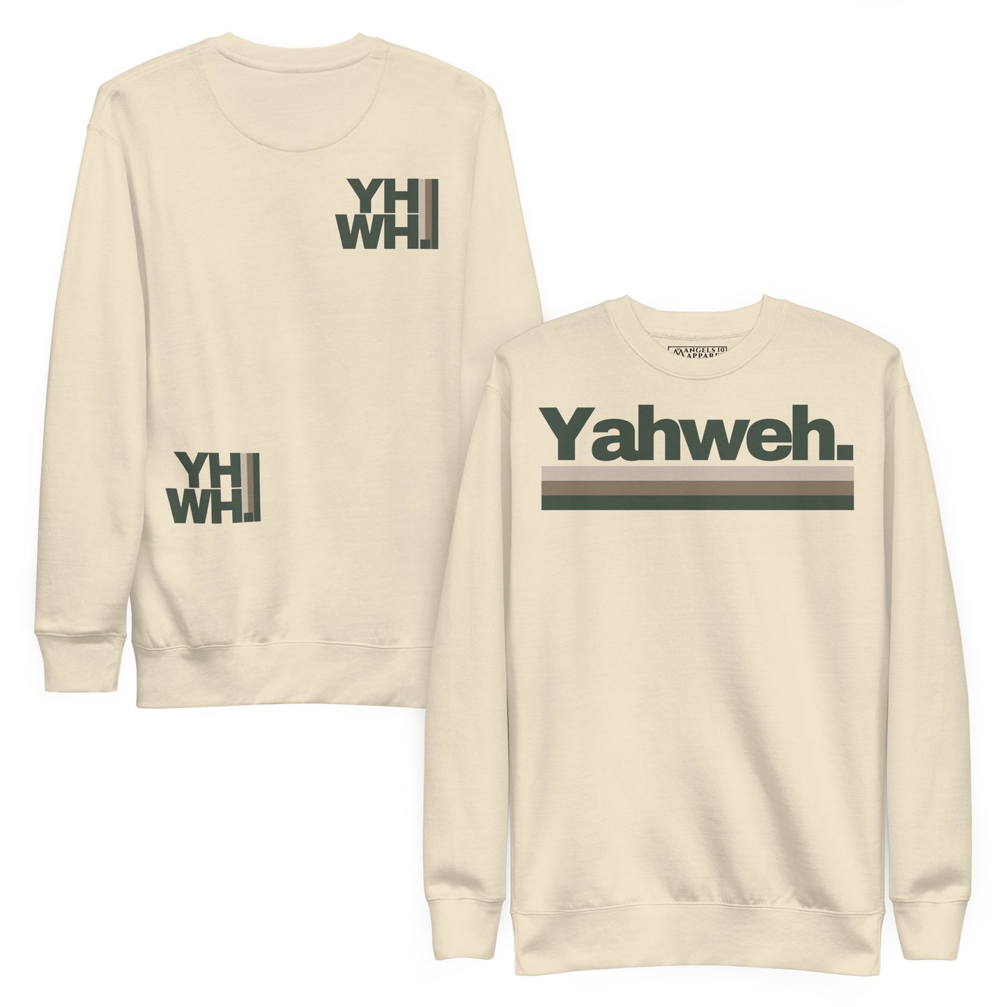 Unisex YHWH Premium Sweatshirt in beige displayed from the front and back. A stylish mix of faith and fashion for everyday wear. Christian, faith, veteran owned, style, small business, support.