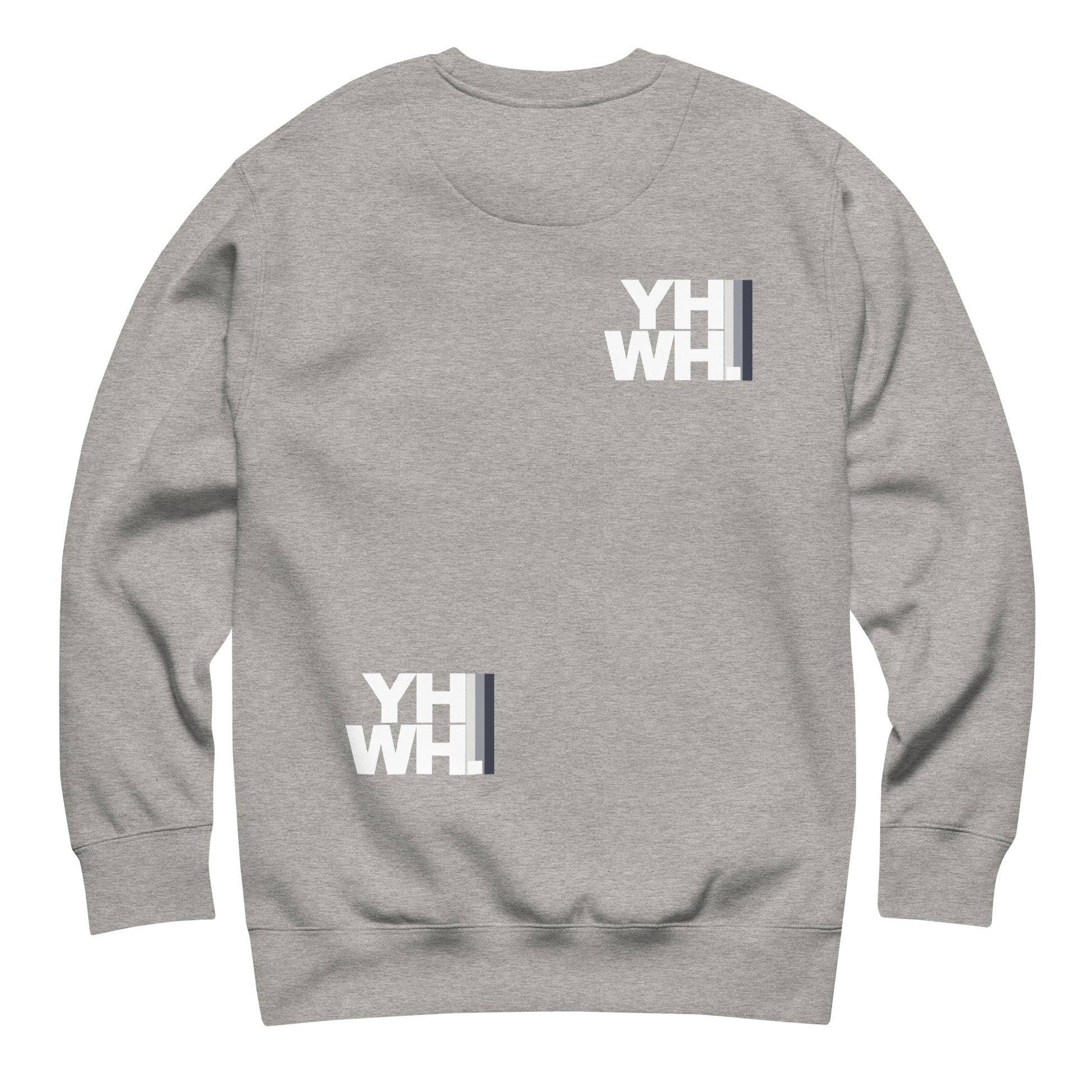 Back of the YHWH Unisex Premium Crewneck Sweatshirt in grey, showcasing YHWH branding. This cozy sweatshirt is perfect for layering, aligning comfort and style with a commitment to faith and support for small businesses.