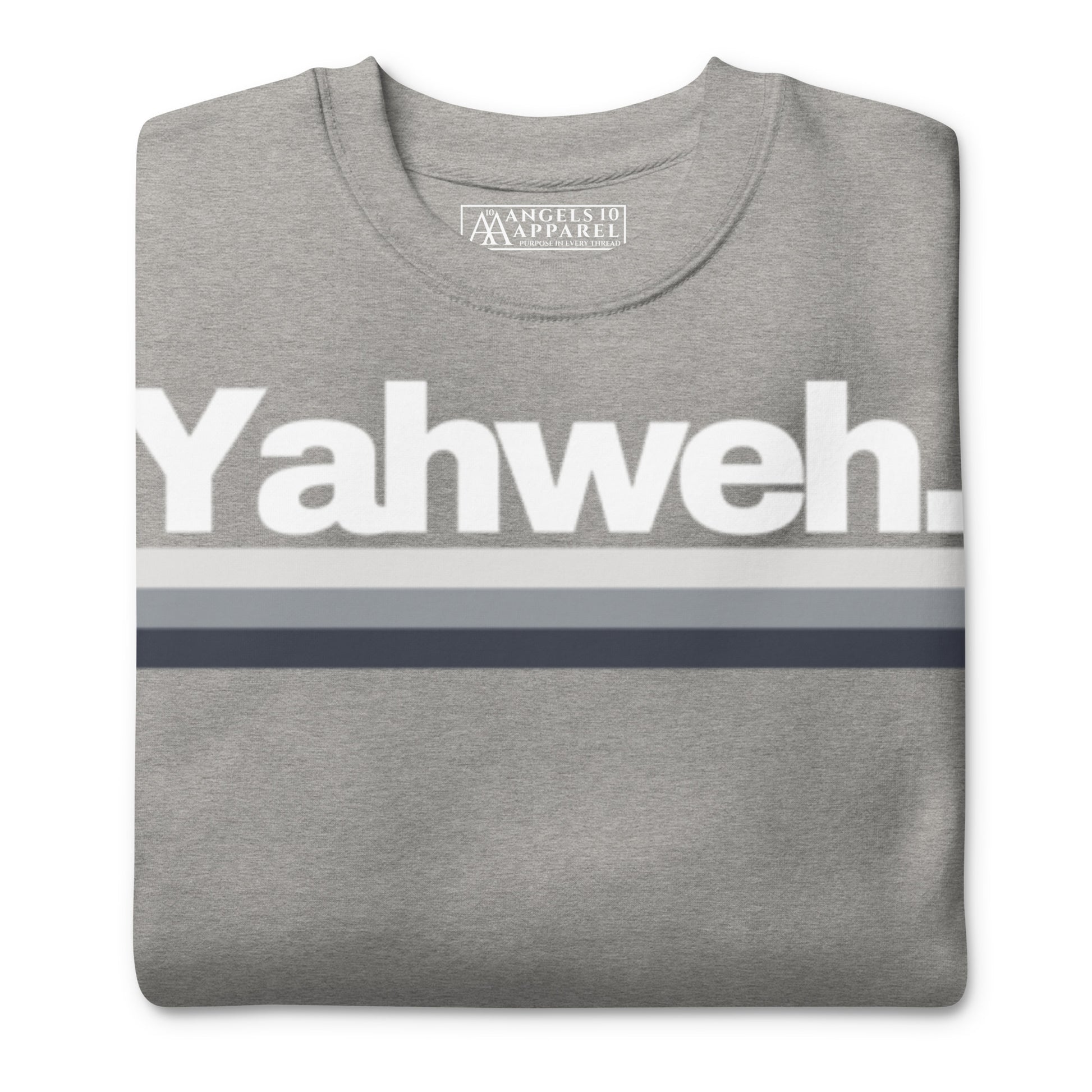 Light gray YHWH Unisex Premium Crewneck Sweatshirt featuring the 'Yahweh' print, merging comfort with a strong message of faith. Perfect for stylish individuals who love to support veteran-owned businesses.