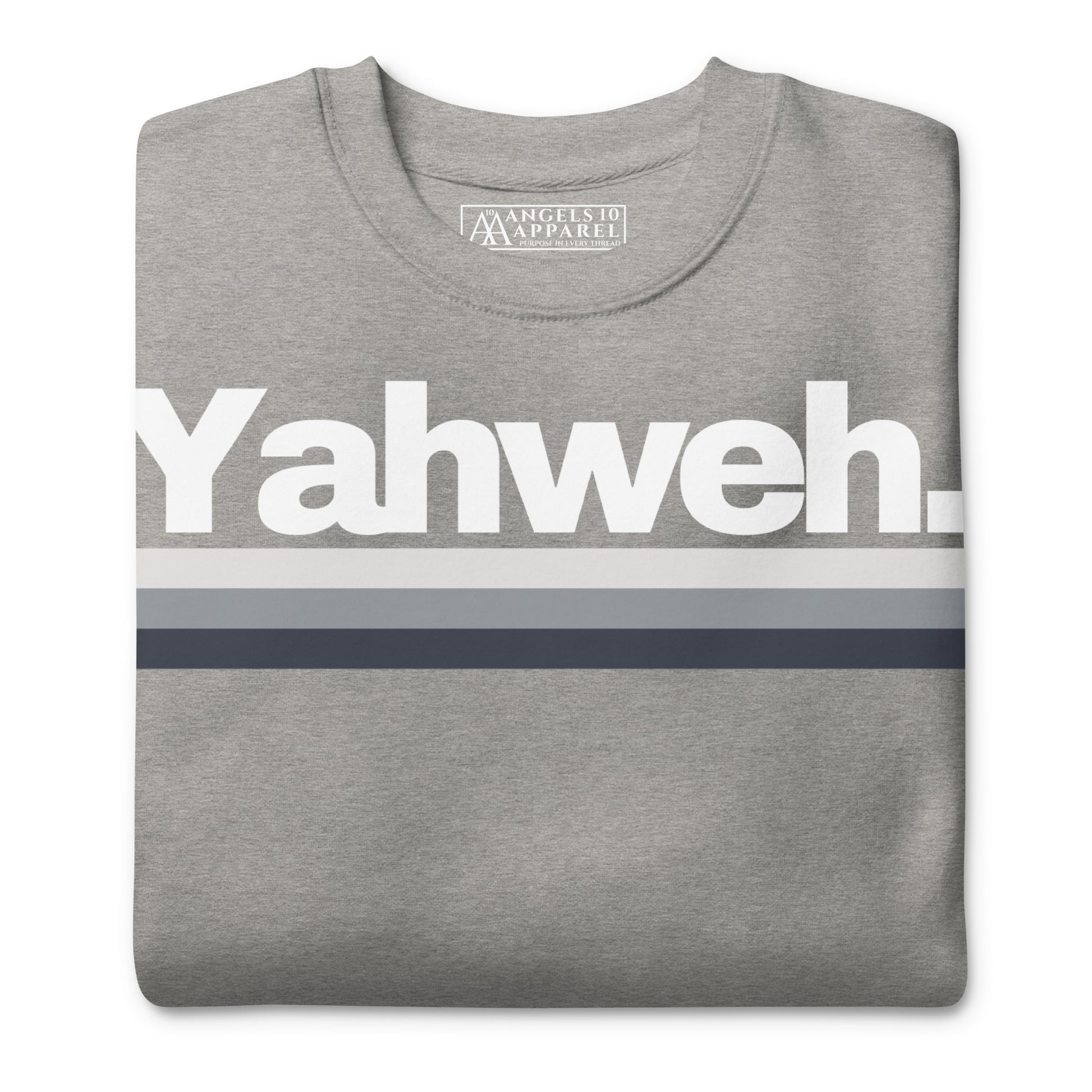 YHWH Unisex Premium Crewneck Sweatshirt folded, showcasing its minimalist design with 'Yahweh.' print in gray tones. Perfect for casual outfits, made by a veteran-owned small business that supports faith and style.